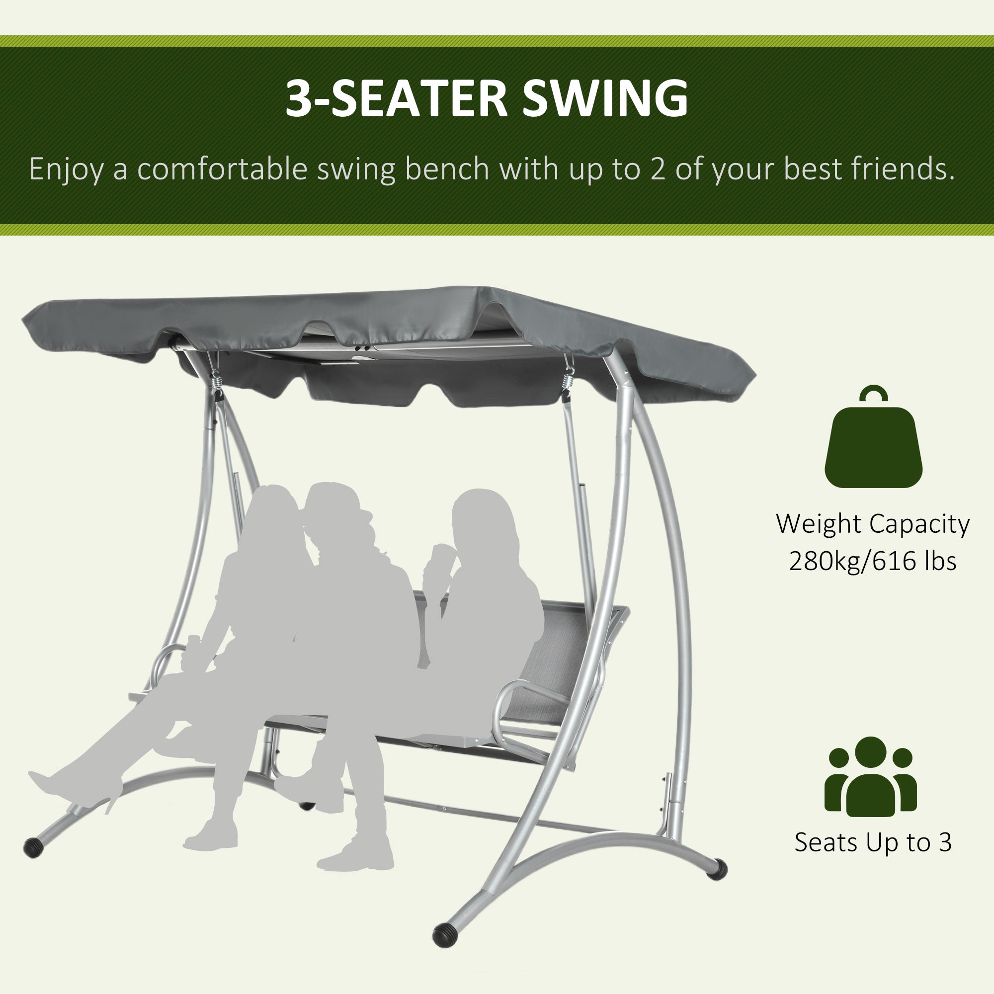 Outsunny 3 Person Patio Swing Seats with Adjustable Canopy Outdoor Swing Chair Bench for Garden, Poolside, Dark Grey