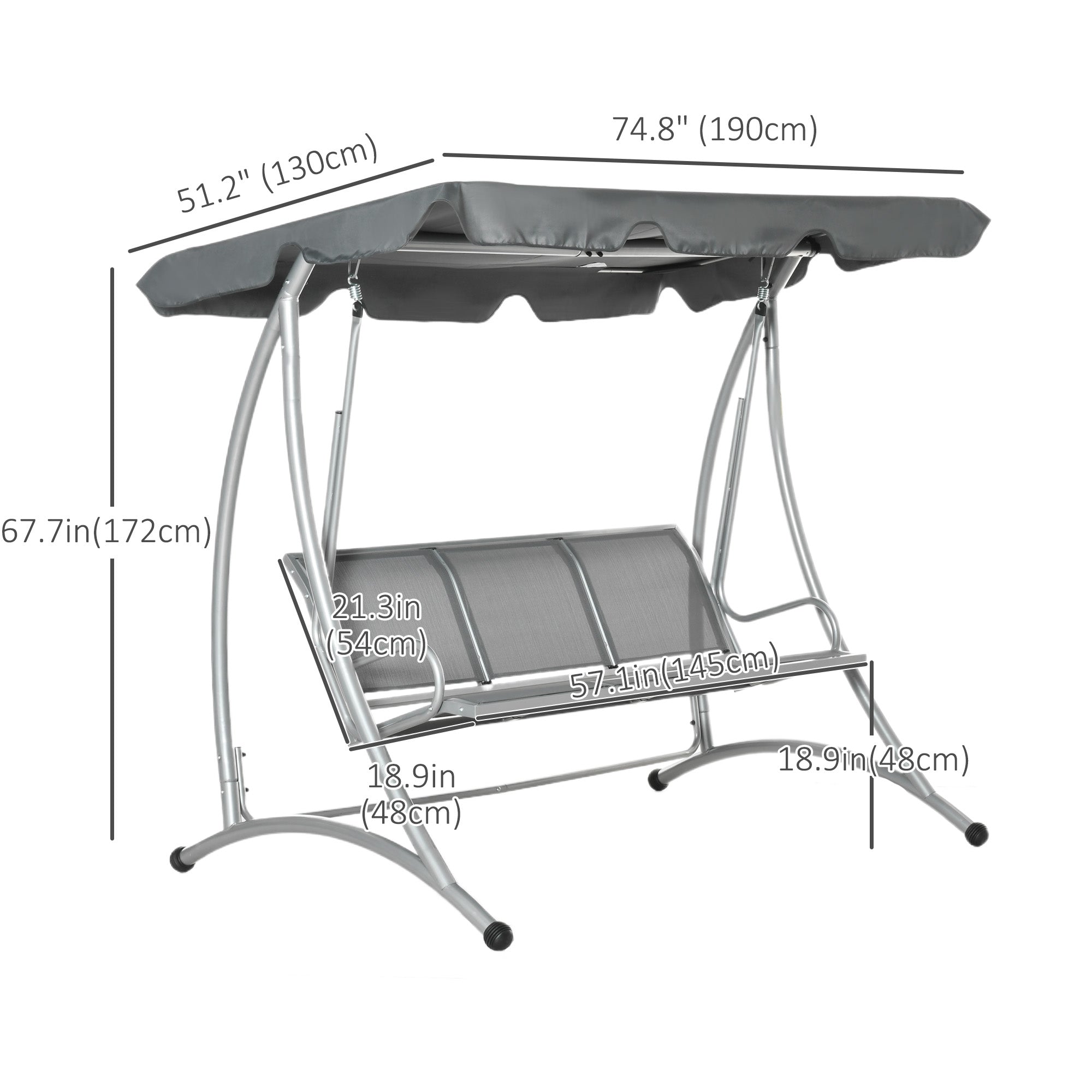 Outsunny 3 Person Patio Swing Seats with Adjustable Canopy Outdoor Swing Chair Bench for Garden, Poolside, Dark Grey