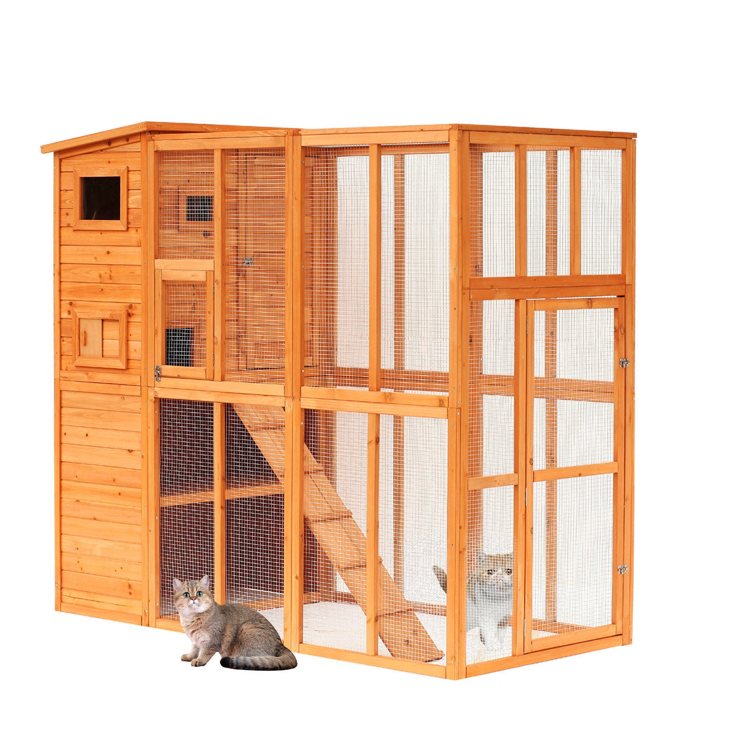 PawHut Large Catio Outdoor Cat Enclosure Weatherproof Cat House with Cat Condo, Indoor Wooden Cat Cage Pet Kennel, 77"L x 38"W x 69"H