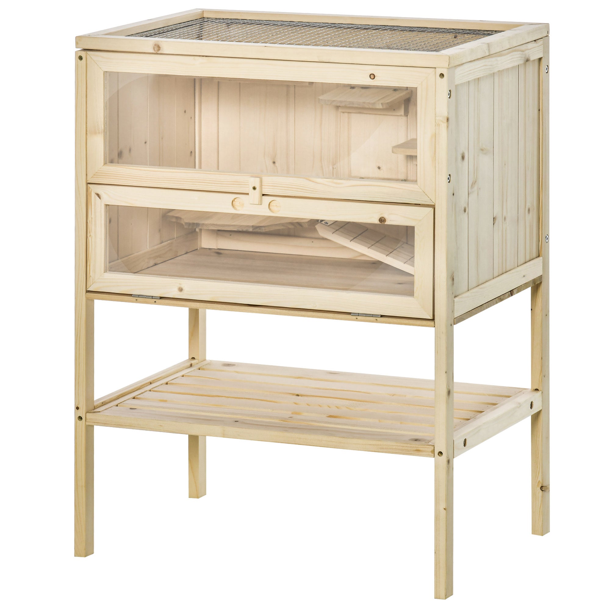 PawHut Wooden Hamster Cage with Storage Shelf, Small Animal Exercise Play House with Openable Top, for Hamsters, Gerbils, 60 x 40 x 80 cm - Natural