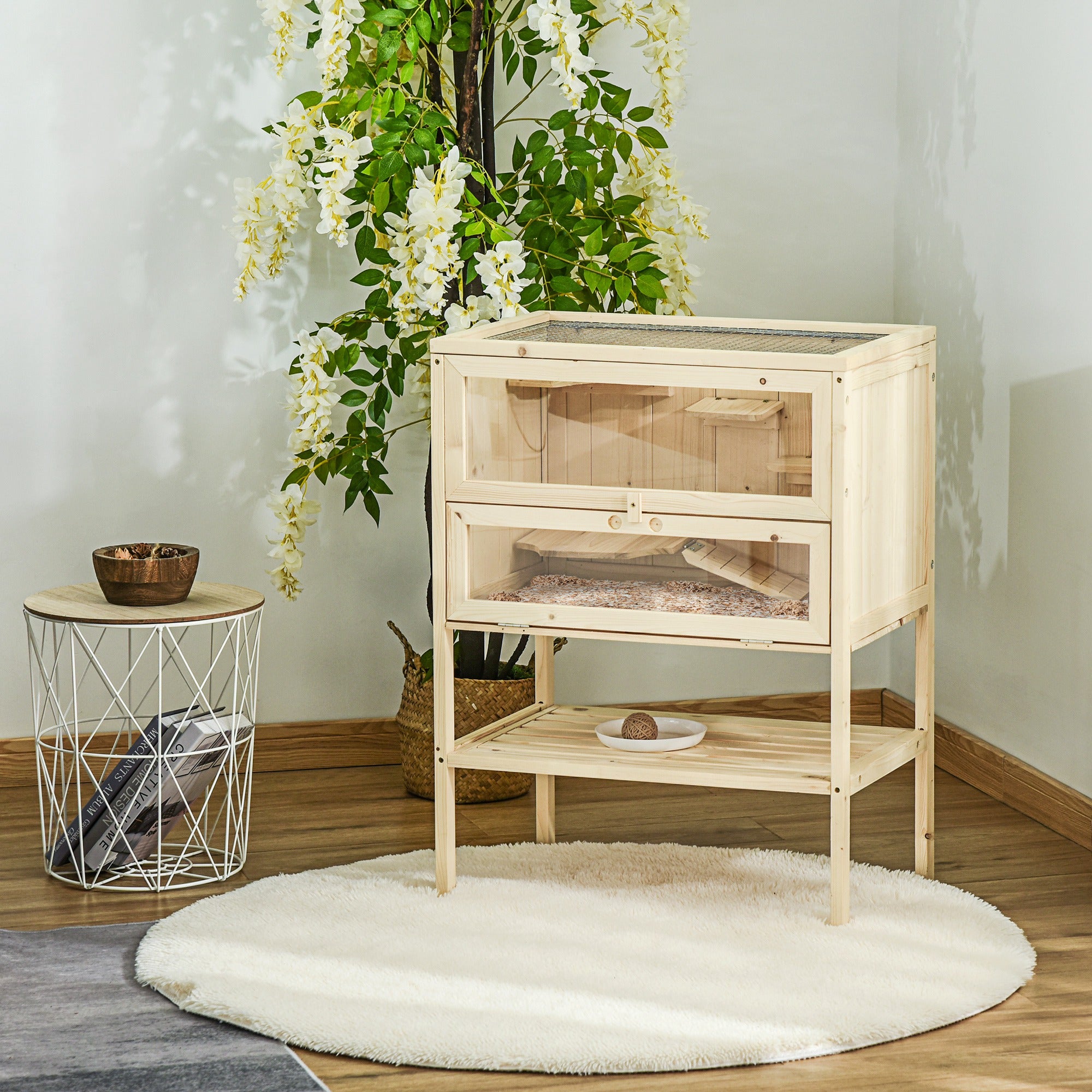 PawHut Wooden Hamster Cage with Storage Shelf, Small Animal Exercise Play House with Openable Top, for Hamsters, Gerbils, 60 x 40 x 80 cm - Natural