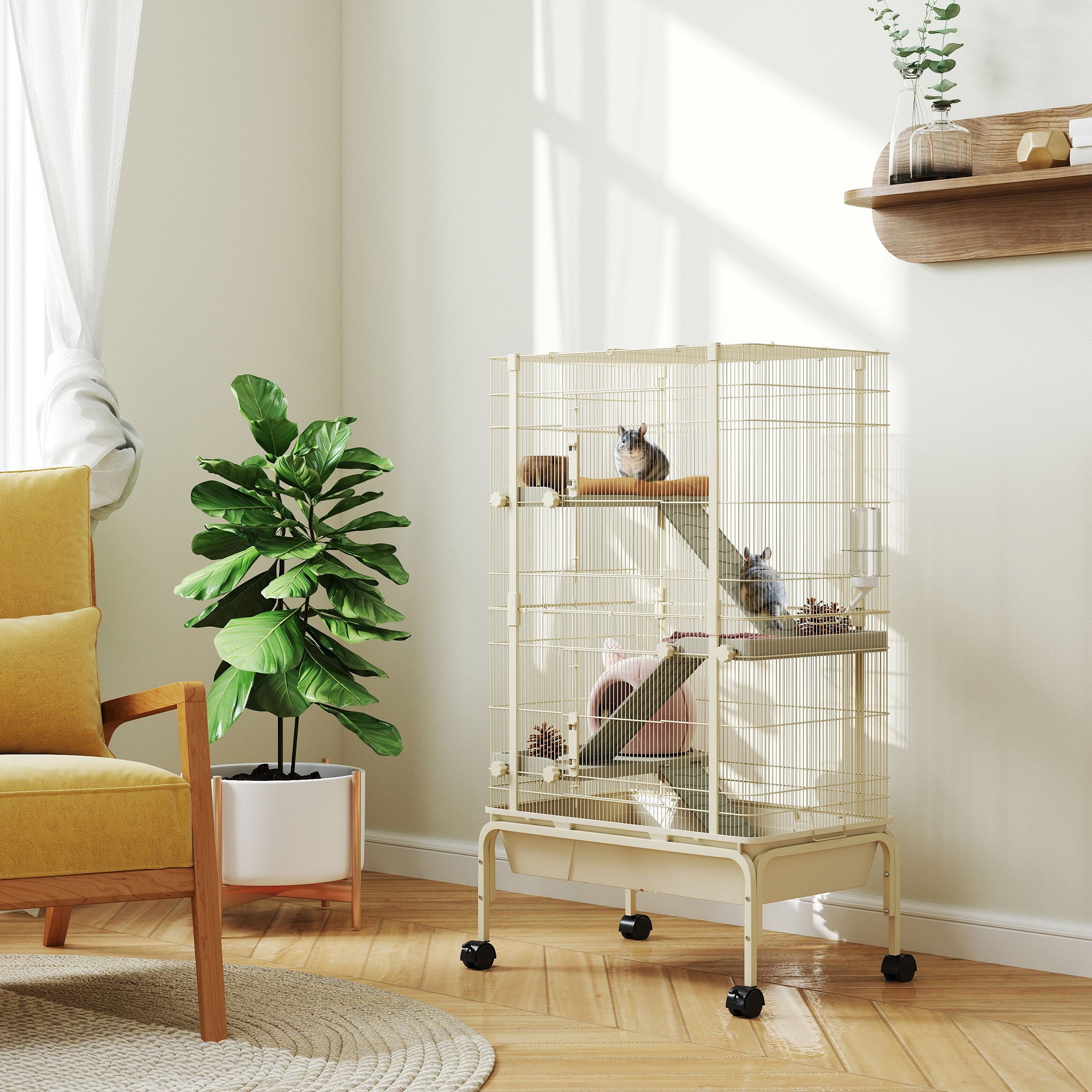 PawHut 47" Small Animal Cage, 4 Levels Large Rolling Metal Ferret Chinchilla Rabbit Cage with 5.9" Deep Tray, 3 Ramps, Water Bottle, Food Dish, for Syrian, Squirrel, Beige