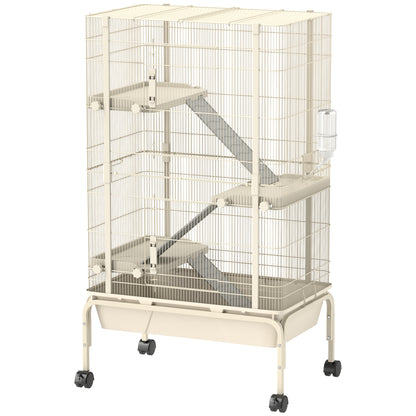 PawHut 47" Small Animal Cage, 4 Levels Large Rolling Metal Ferret Chinchilla Rabbit Cage with 5.9" Deep Tray, 3 Ramps, Water Bottle, Food Dish, for Syrian, Squirrel, Beige