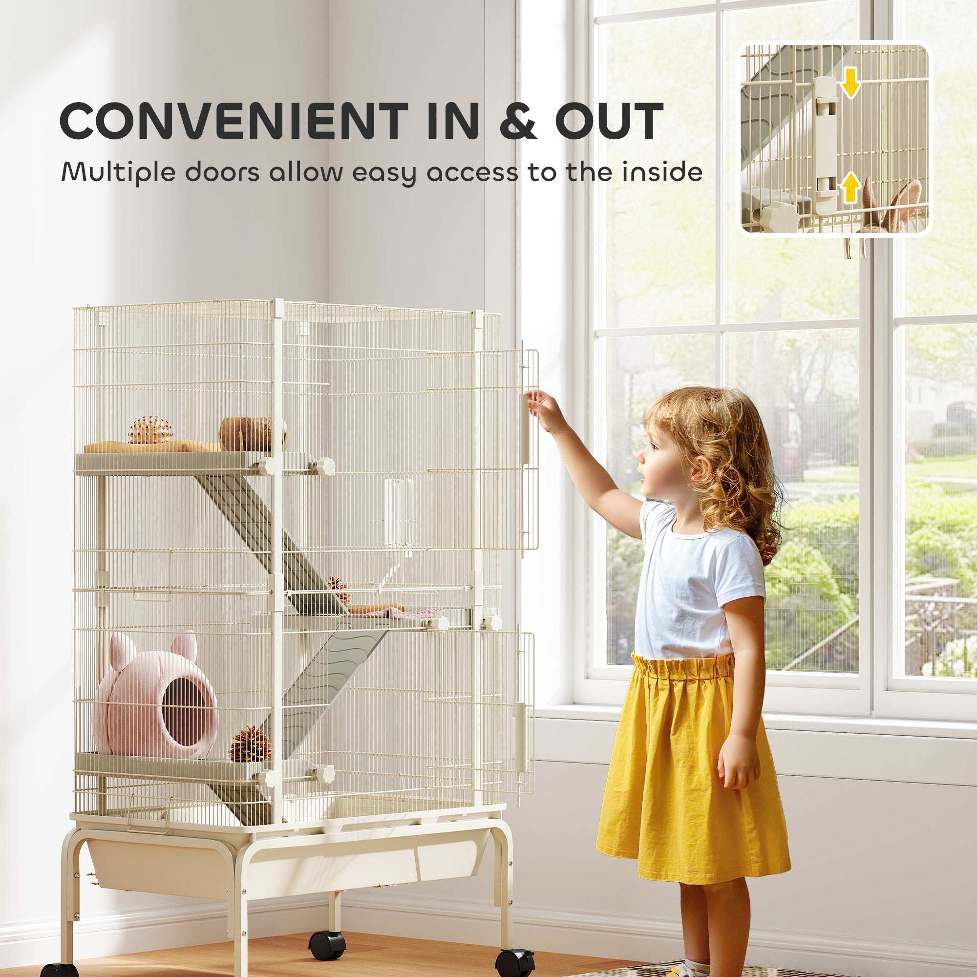 PawHut 47" Small Animal Cage, 4 Levels Large Rolling Metal Ferret Chinchilla Rabbit Cage with 5.9" Deep Tray, 3 Ramps, Water Bottle, Food Dish, for Syrian, Squirrel, Beige