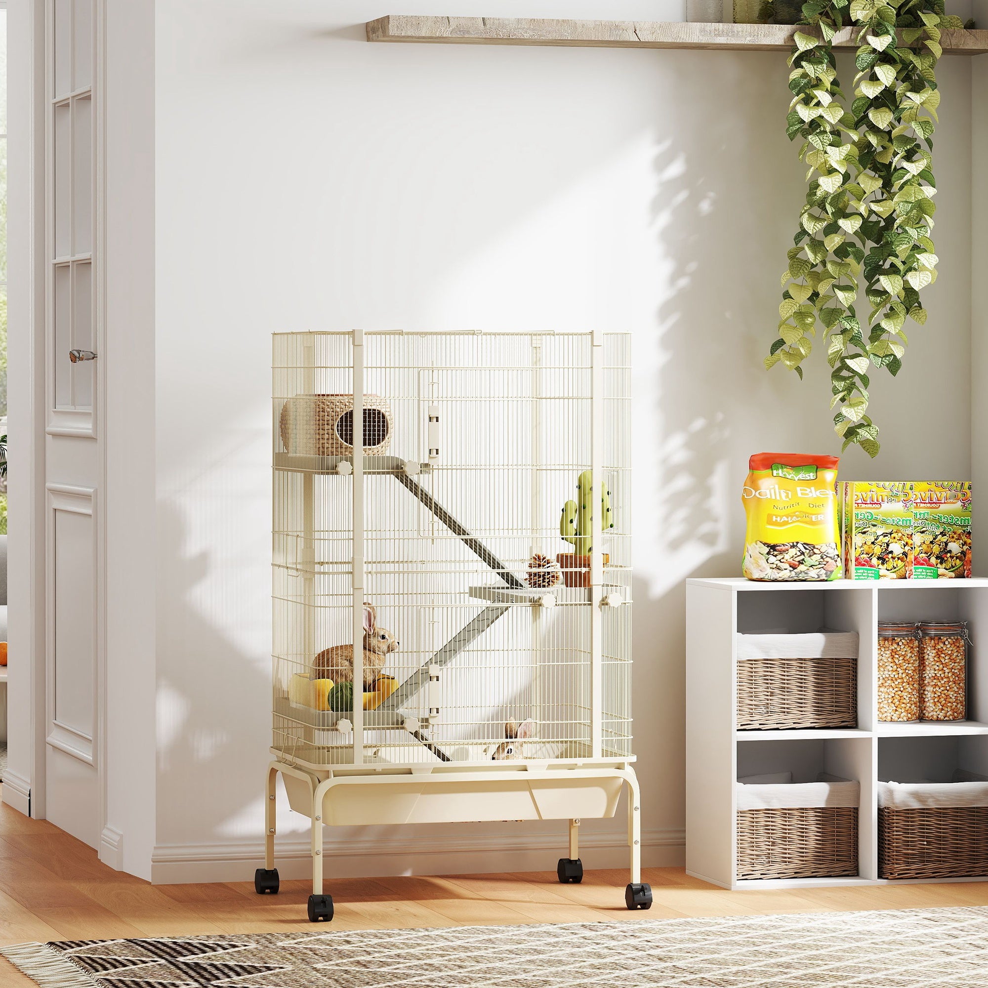 PawHut 47" Small Animal Cage, 4 Levels Large Rolling Metal Ferret Chinchilla Rabbit Cage with 5.9" Deep Tray, 3 Ramps, Water Bottle, Food Dish, for Syrian, Squirrel, Beige