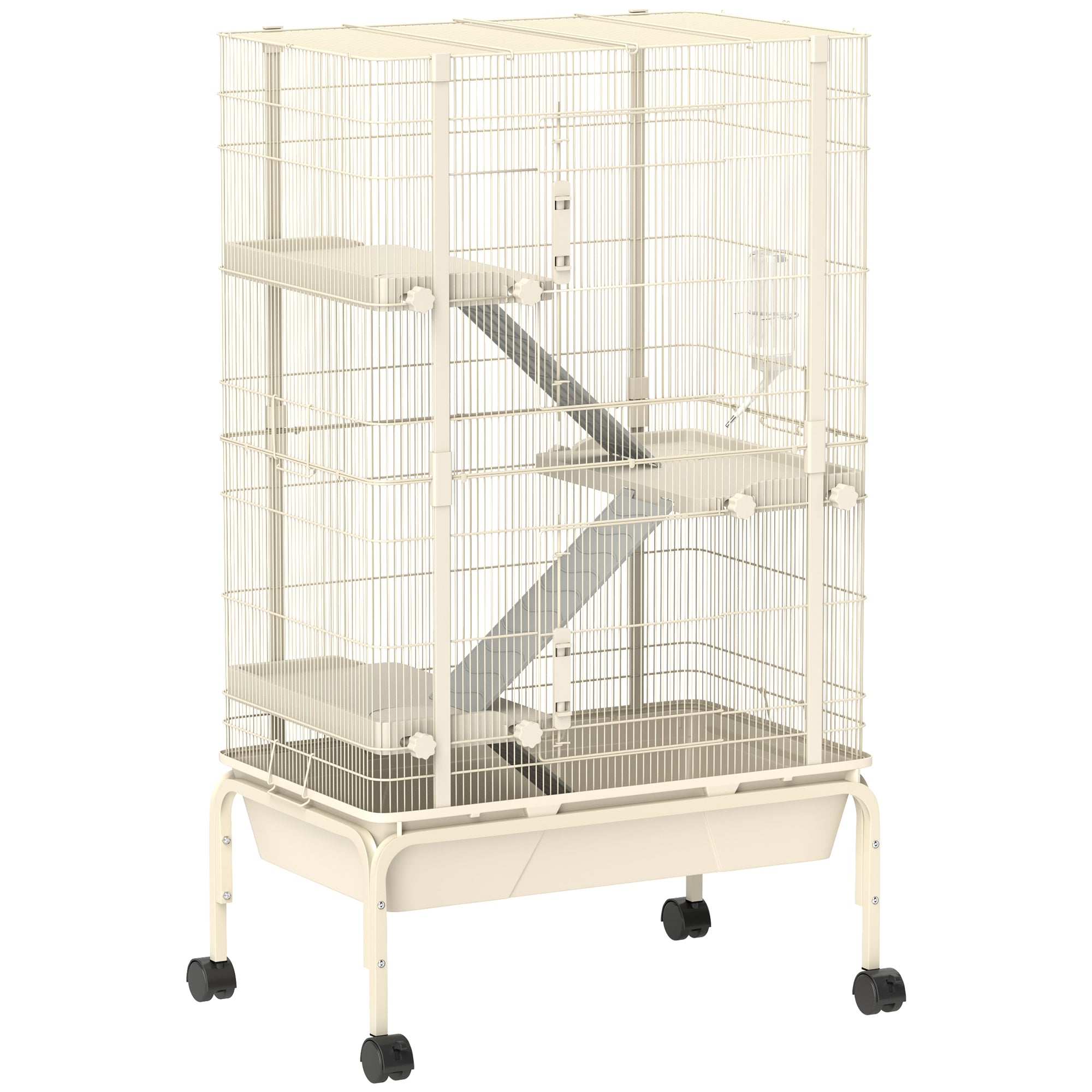 PawHut 47" Small Animal Cage, 4 Levels Large Rolling Metal Ferret Chinchilla Rabbit Cage with 5.9" Deep Tray, 3 Ramps, Water Bottle, Food Dish, for Syrian, Squirrel, Beige
