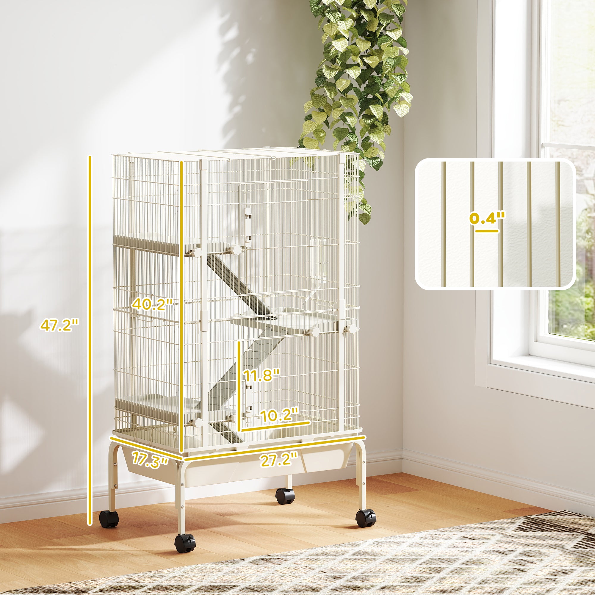 PawHut 47" Small Animal Cage, 4 Levels Large Rolling Metal Ferret Chinchilla Rabbit Cage with 5.9" Deep Tray, 3 Ramps, Water Bottle, Food Dish, for Syrian, Squirrel, Beige