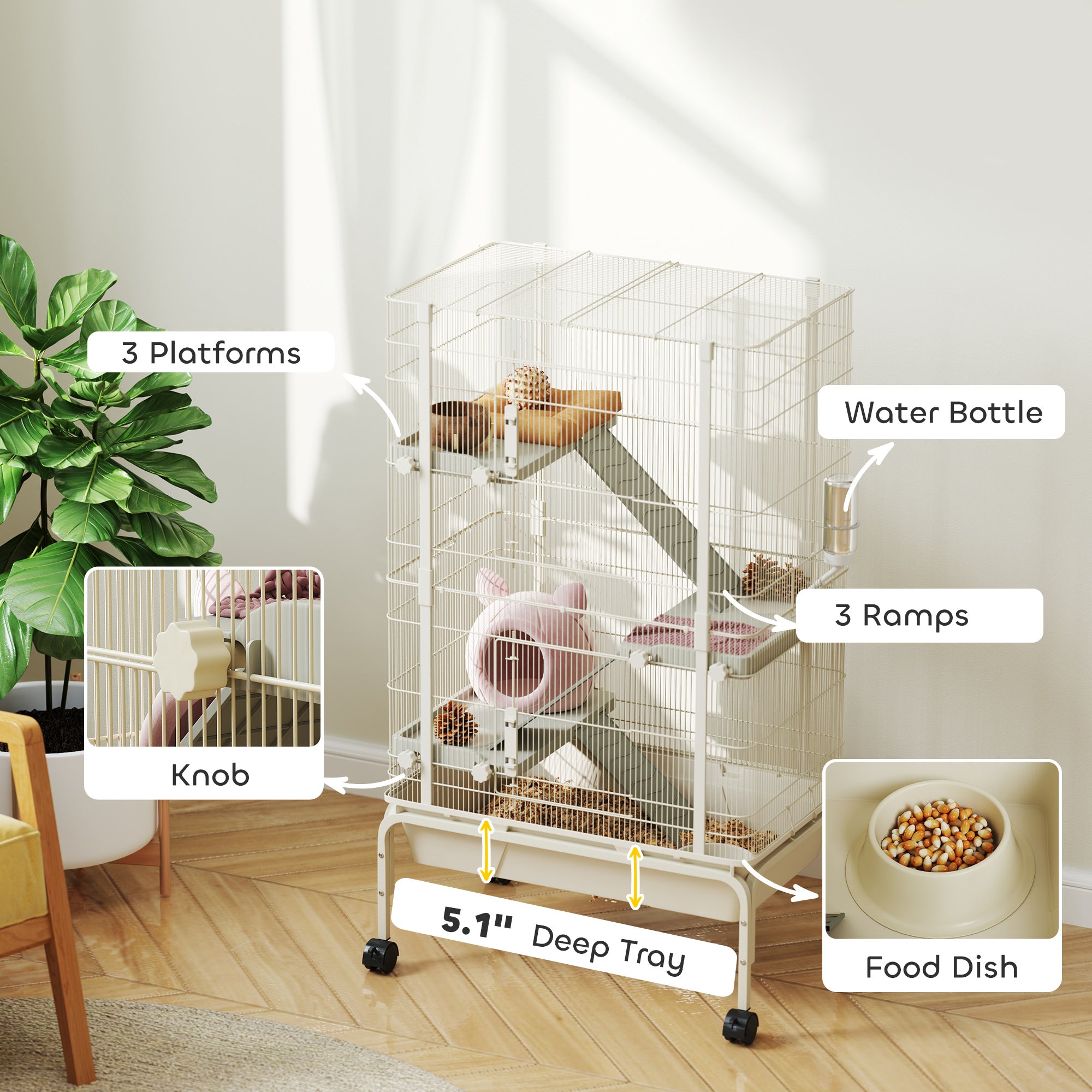 PawHut 47" Small Animal Cage, 4 Levels Large Rolling Metal Ferret Chinchilla Rabbit Cage with 5.9" Deep Tray, 3 Ramps, Water Bottle, Food Dish, for Syrian, Squirrel, Beige