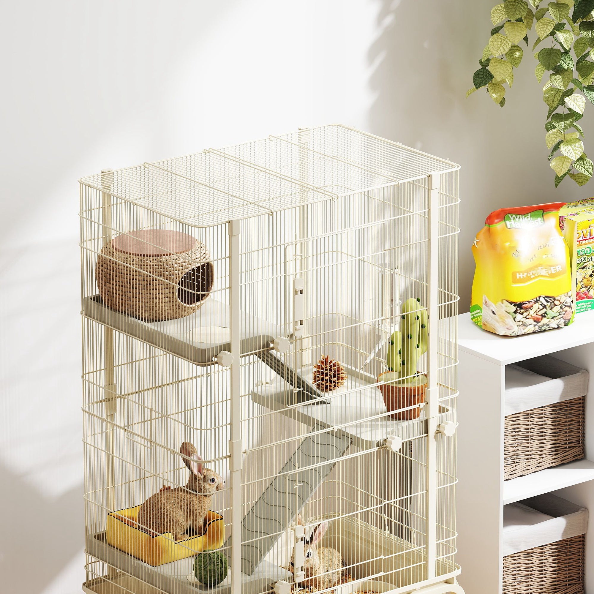 PawHut 47" Small Animal Cage, 4 Levels Large Rolling Metal Ferret Chinchilla Rabbit Cage with 5.9" Deep Tray, 3 Ramps, Water Bottle, Food Dish, for Syrian, Squirrel, Beige