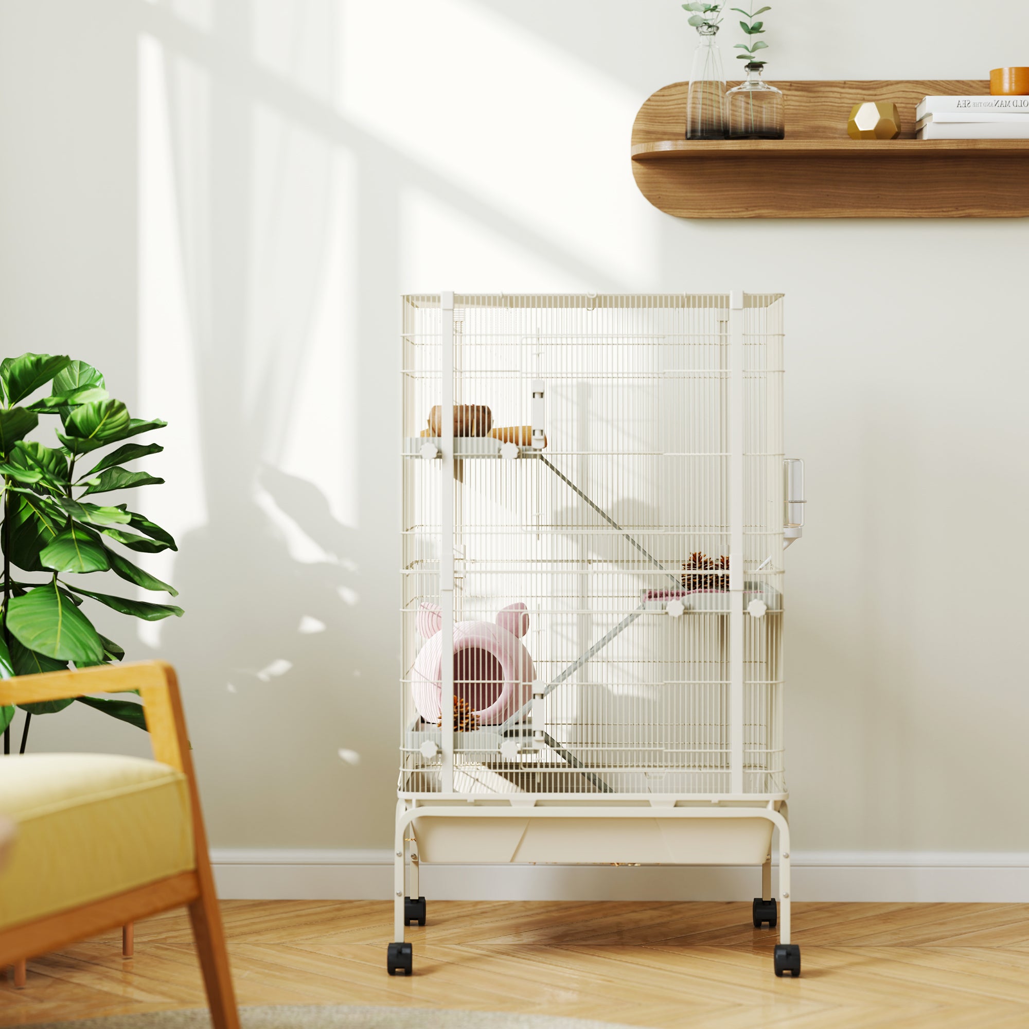PawHut 47" Small Animal Cage, 4 Levels Large Rolling Metal Ferret Chinchilla Rabbit Cage with 5.9" Deep Tray, 3 Ramps, Water Bottle, Food Dish, for Syrian, Squirrel, Beige