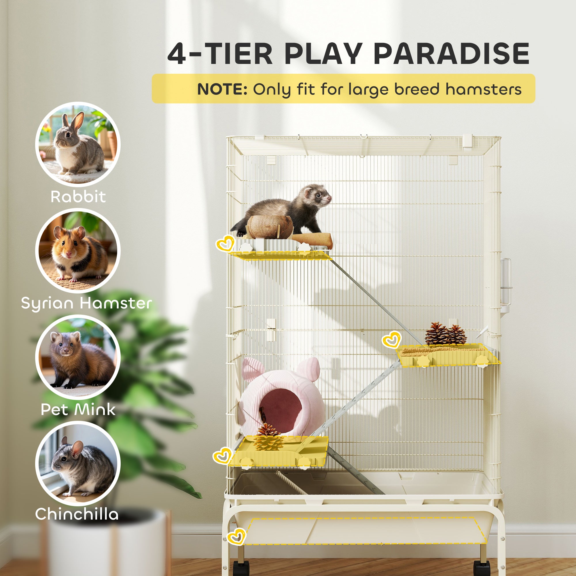PawHut 47" Small Animal Cage, 4 Levels Large Rolling Metal Ferret Chinchilla Rabbit Cage with 5.9" Deep Tray, 3 Ramps, Water Bottle, Food Dish, for Syrian, Squirrel, Beige