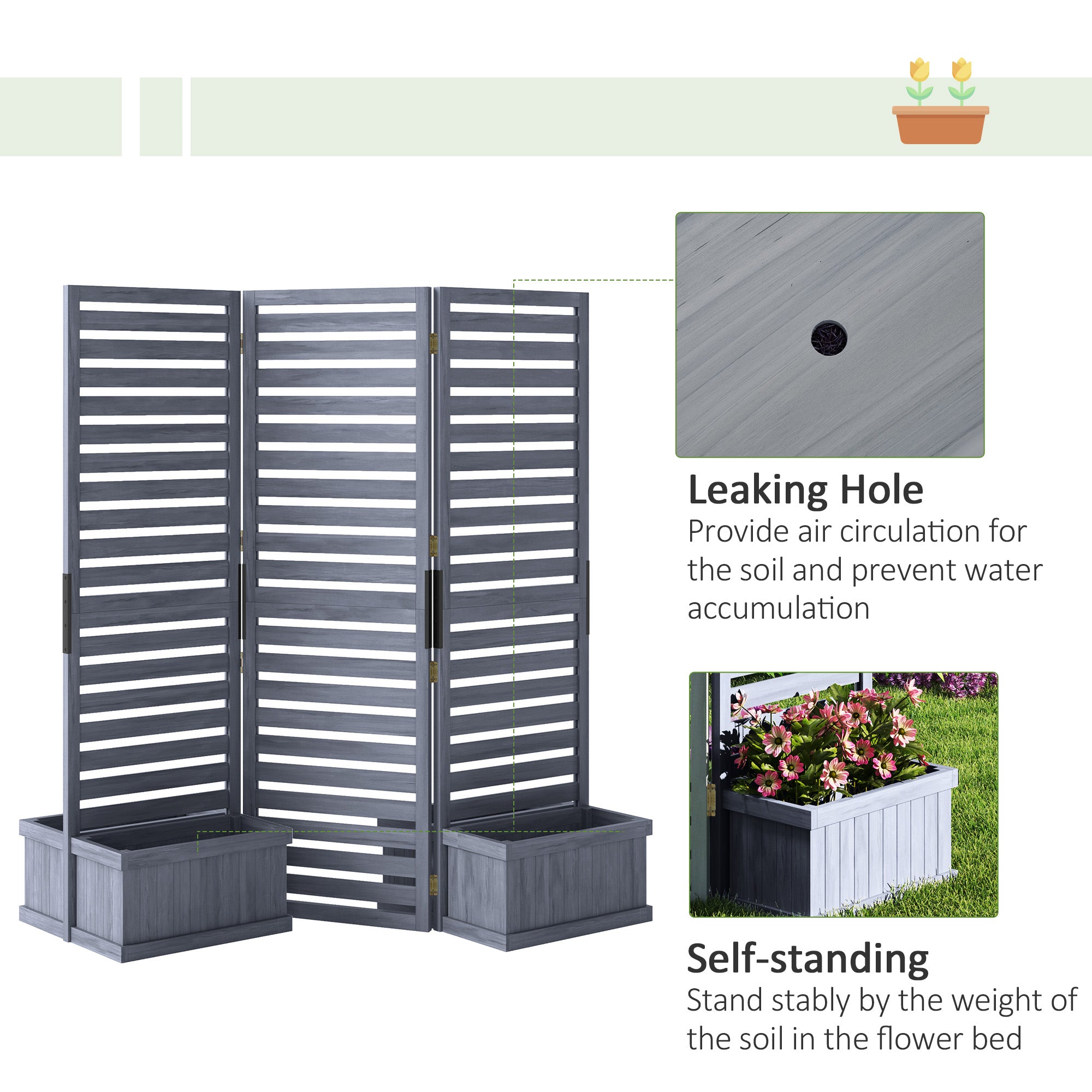 Outsunny Freestanding Outdoor Privacy Screen, 4 Self-Draining Planters / Raised Garden Beds, 3 Hinged Panels for Hot Tub, Patio, Backyard, Deck, Grey