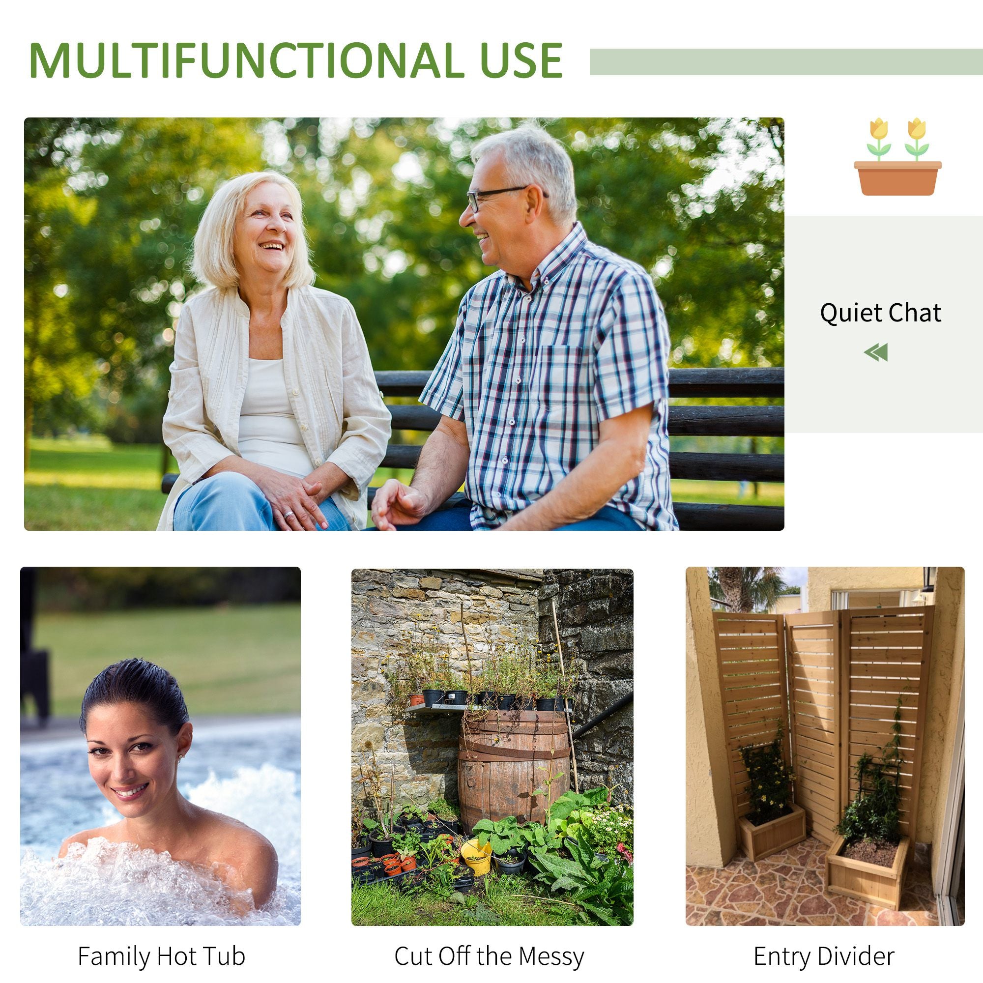 Outsunny Freestanding Outdoor Privacy Screen, 4 Self-Draining Planters / Raised Garden Beds, 3 Hinged Panels for Hot Tub, Patio, Backyard, Deck, Grey