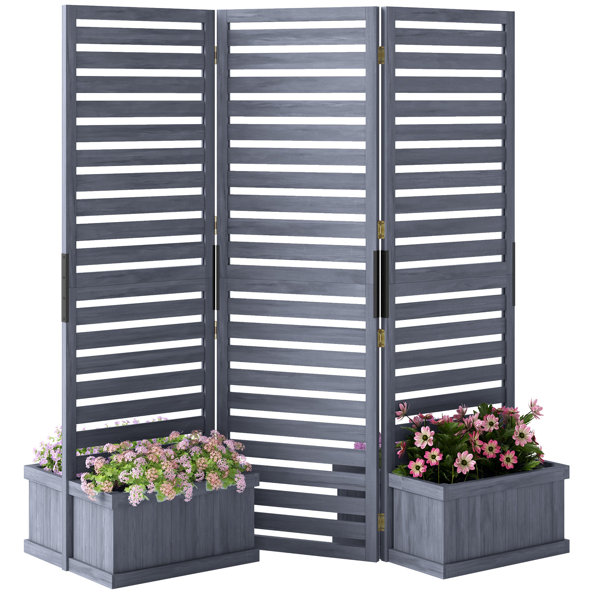 Outsunny Freestanding Outdoor Privacy Screen, 4 Self-Draining Planters / Raised Garden Beds, 3 Hinged Panels for Hot Tub, Patio, Backyard, Deck, Grey