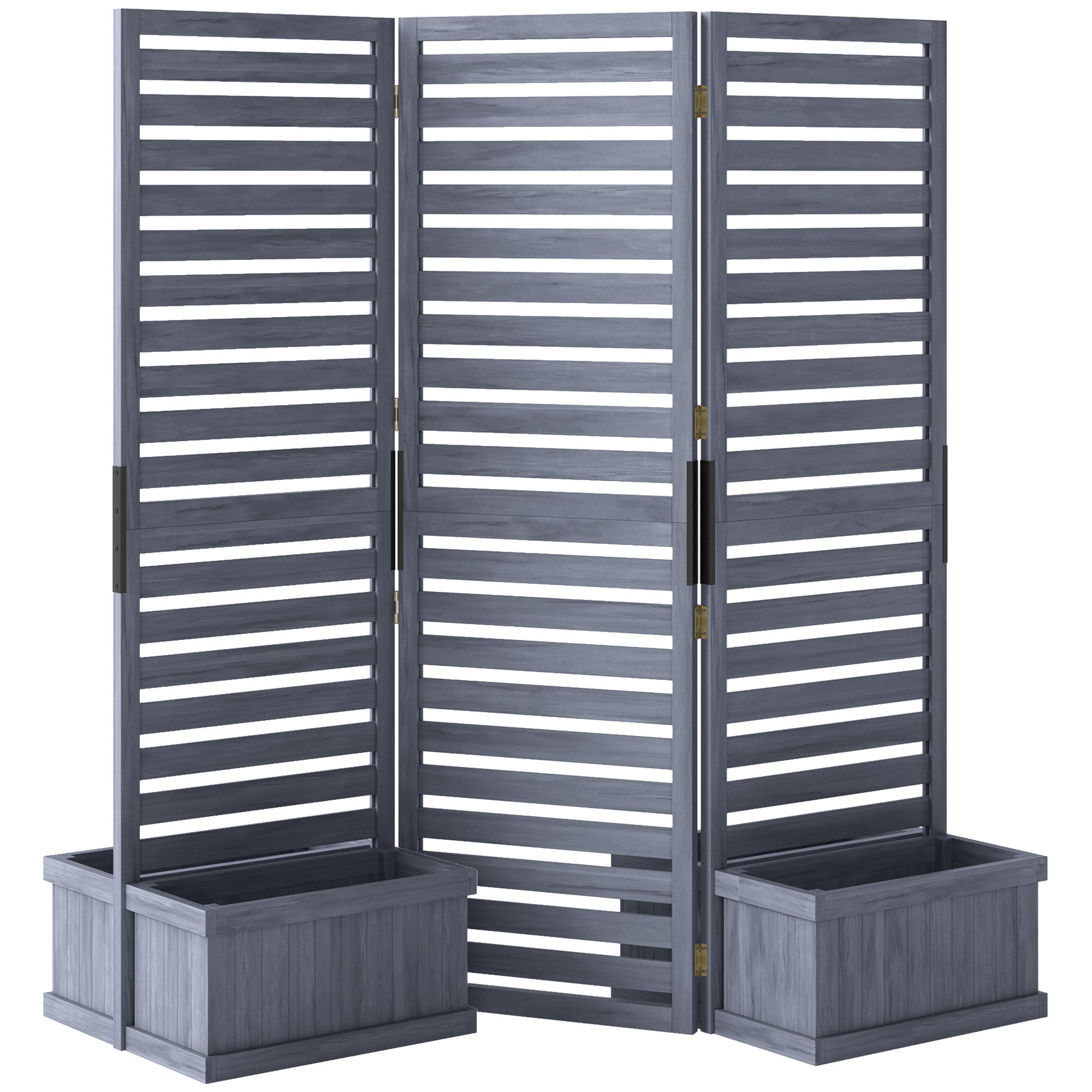 Outsunny Freestanding Outdoor Privacy Screen, 4 Self-Draining Planters / Raised Garden Beds, 3 Hinged Panels for Hot Tub, Patio, Backyard, Deck, Grey