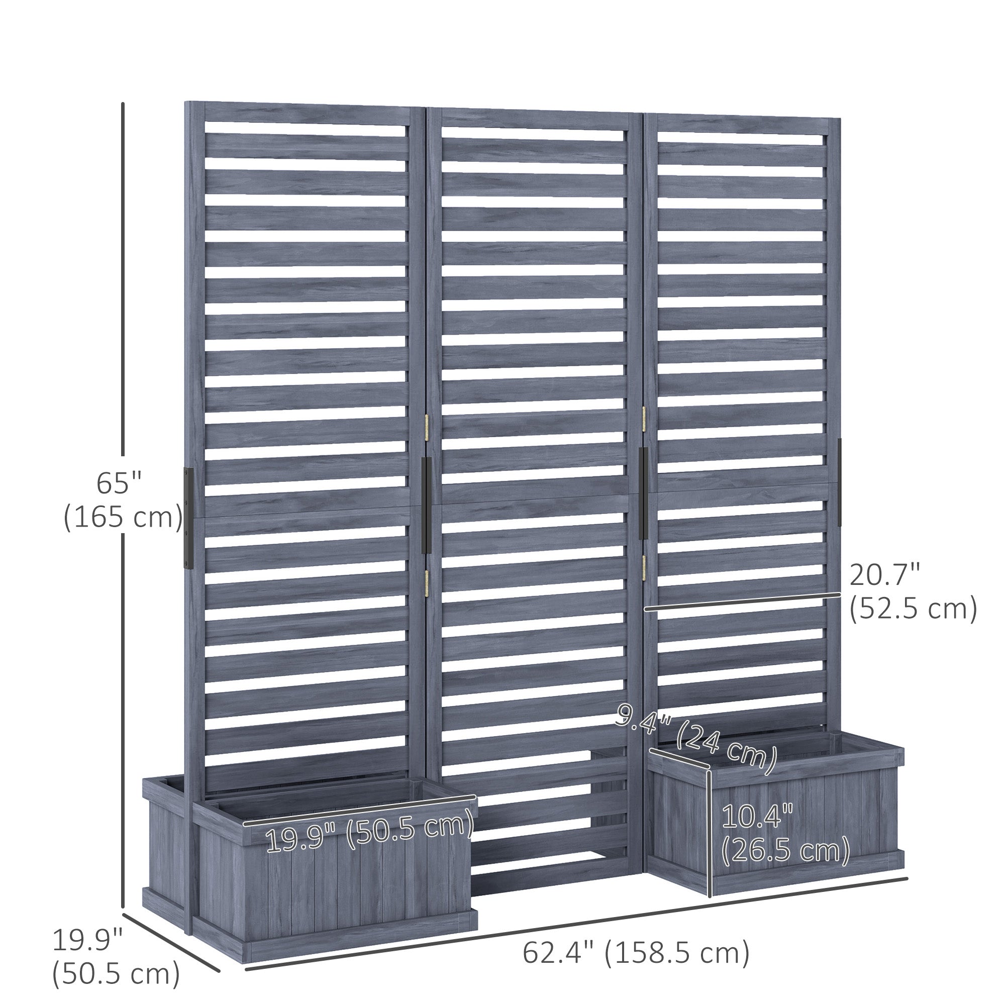 Outsunny Freestanding Outdoor Privacy Screen, 4 Self-Draining Planters / Raised Garden Beds, 3 Hinged Panels for Hot Tub, Patio, Backyard, Deck, Grey