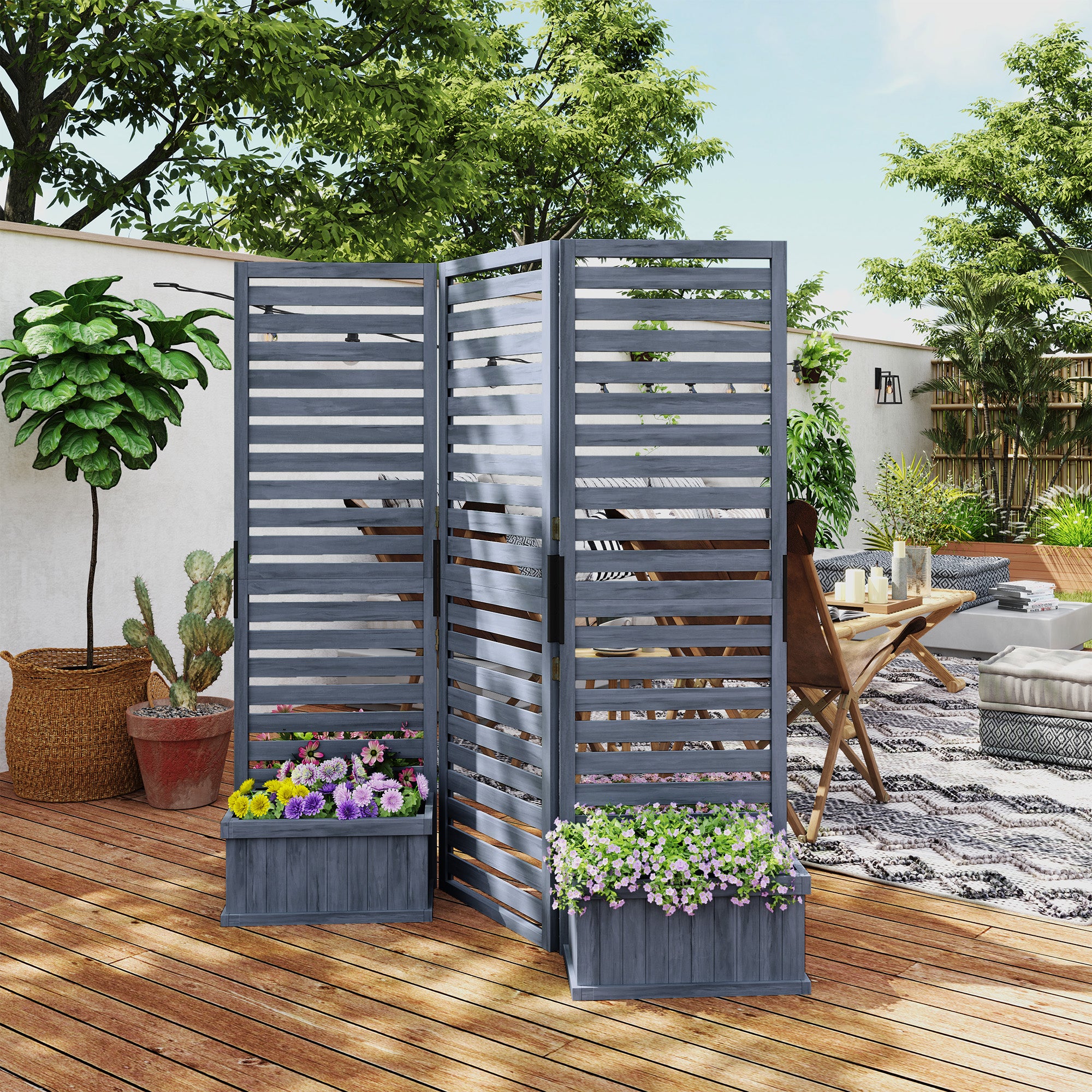 Outsunny Freestanding Outdoor Privacy Screen, 4 Self-Draining Planters / Raised Garden Beds, 3 Hinged Panels for Hot Tub, Patio, Backyard, Deck, Grey