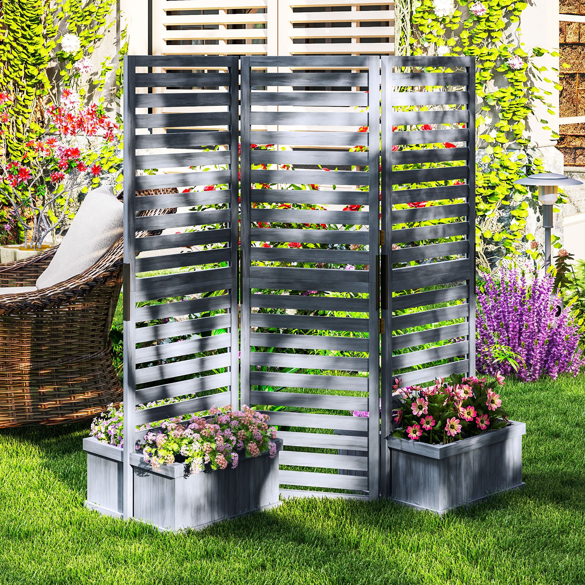 Outsunny Freestanding Outdoor Privacy Screen, 4 Self-Draining Planters / Raised Garden Beds, 3 Hinged Panels for Hot Tub, Patio, Backyard, Deck, Grey