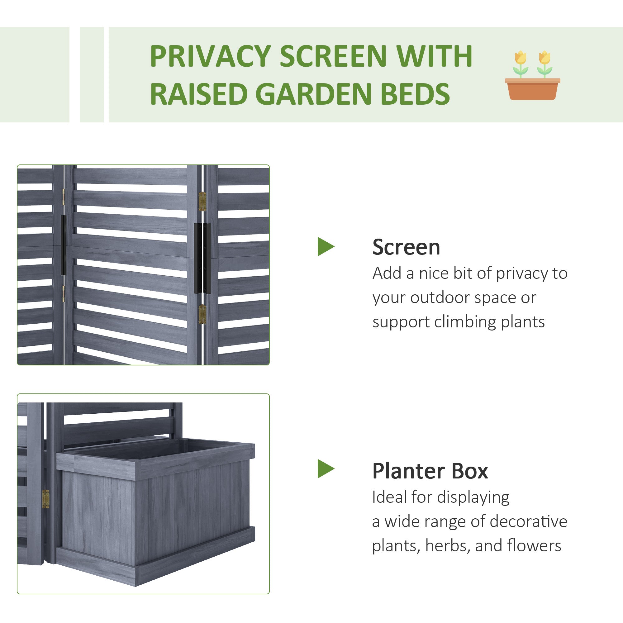 Outsunny Freestanding Outdoor Privacy Screen, 4 Self-Draining Planters / Raised Garden Beds, 3 Hinged Panels for Hot Tub, Patio, Backyard, Deck, Grey