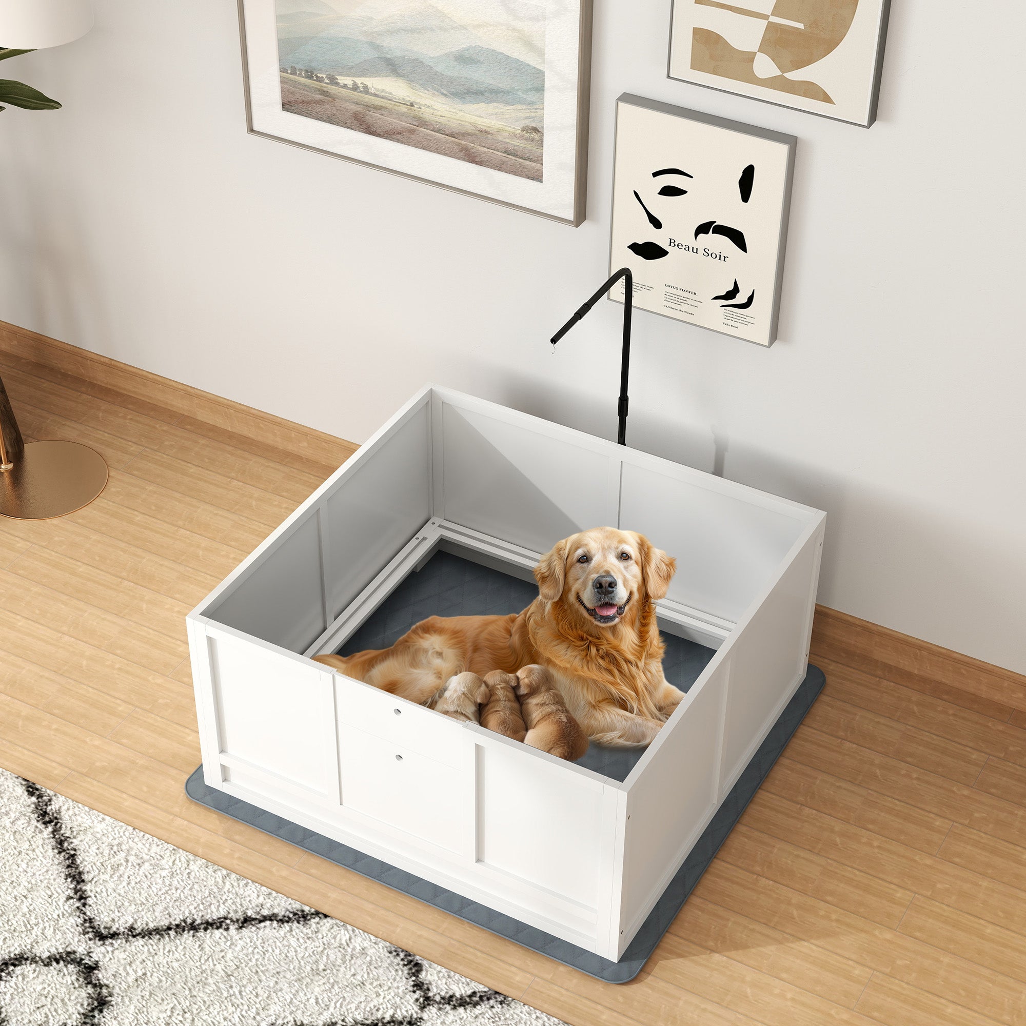 PawHut Whelping Box for Dogs, Puppy Playpen with Retractable Light Stand, Waterproof Pad, Rail, Adjustable Height Door for Small, Medium & Large Breed Dogs, 41" x 39"