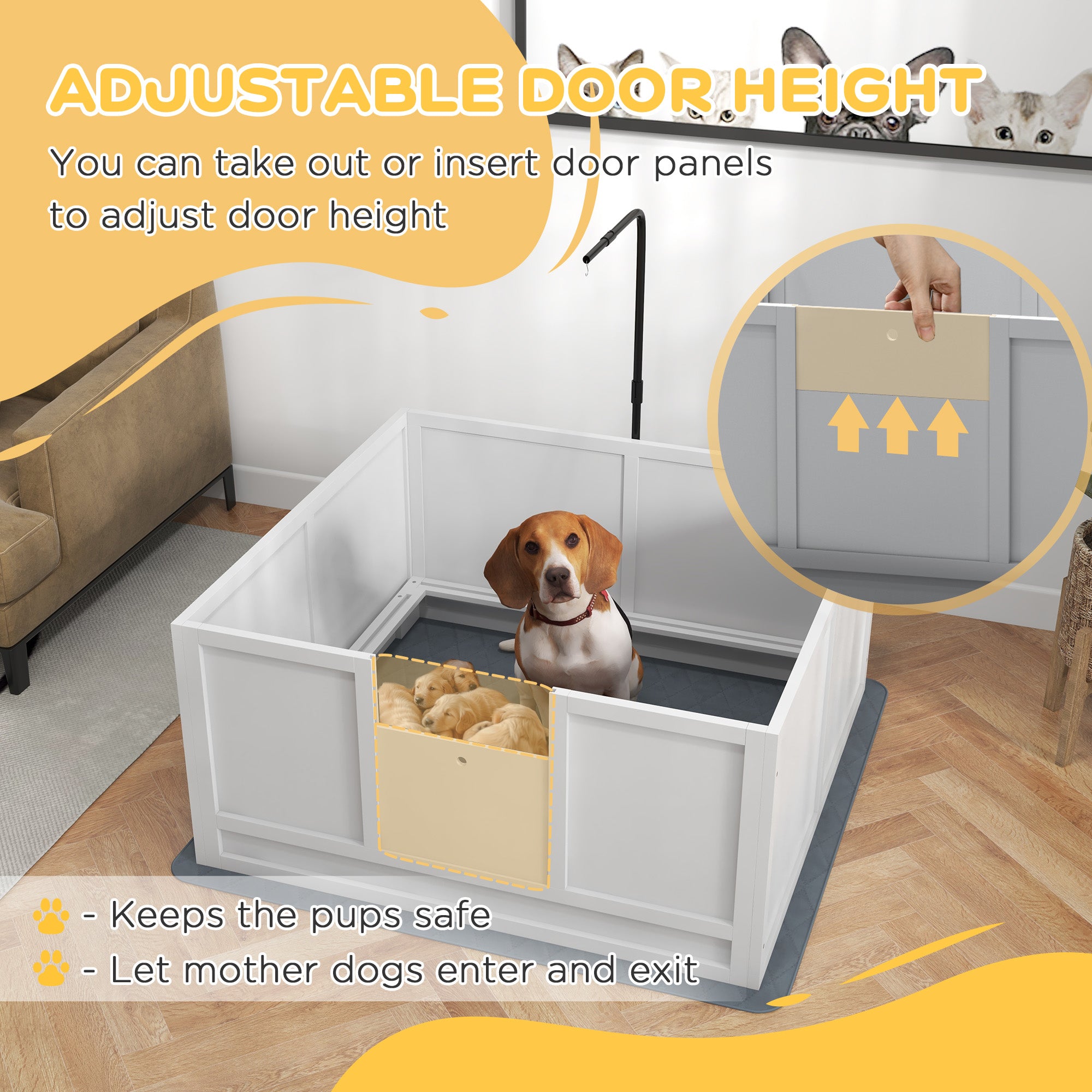 PawHut Whelping Box for Dogs with Retractable Light Stand, Waterproof Mat for Puppies with Pig Rail, Adjustable Height Door for Small, Medium & Large Breed Dogs, 41" x 39"