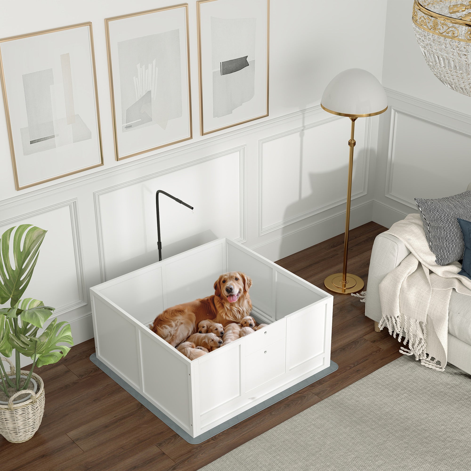 PawHut Whelping Box for Dogs, Puppy Playpen with Retractable Light Stand, Waterproof Pad, Rail, Adjustable Height Door for Small, Medium & Large Breed Dogs, 41" x 39"