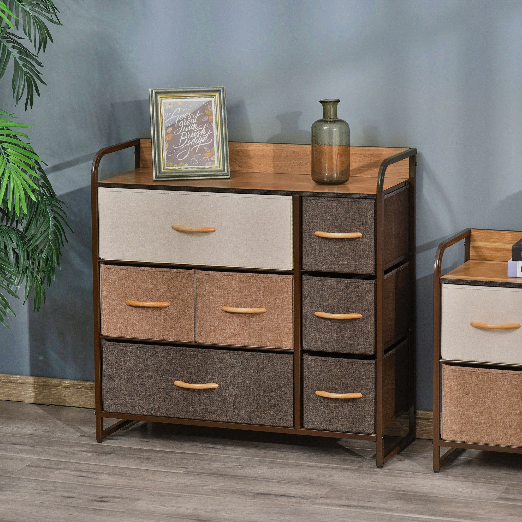 HOMCOM 7-Drawer Dresser, Fabric Chest of Drawers, 3-Tier Storage Tower with Steel Frame and Wooden Top for Bedroom, Nursery Room, Multicoloured