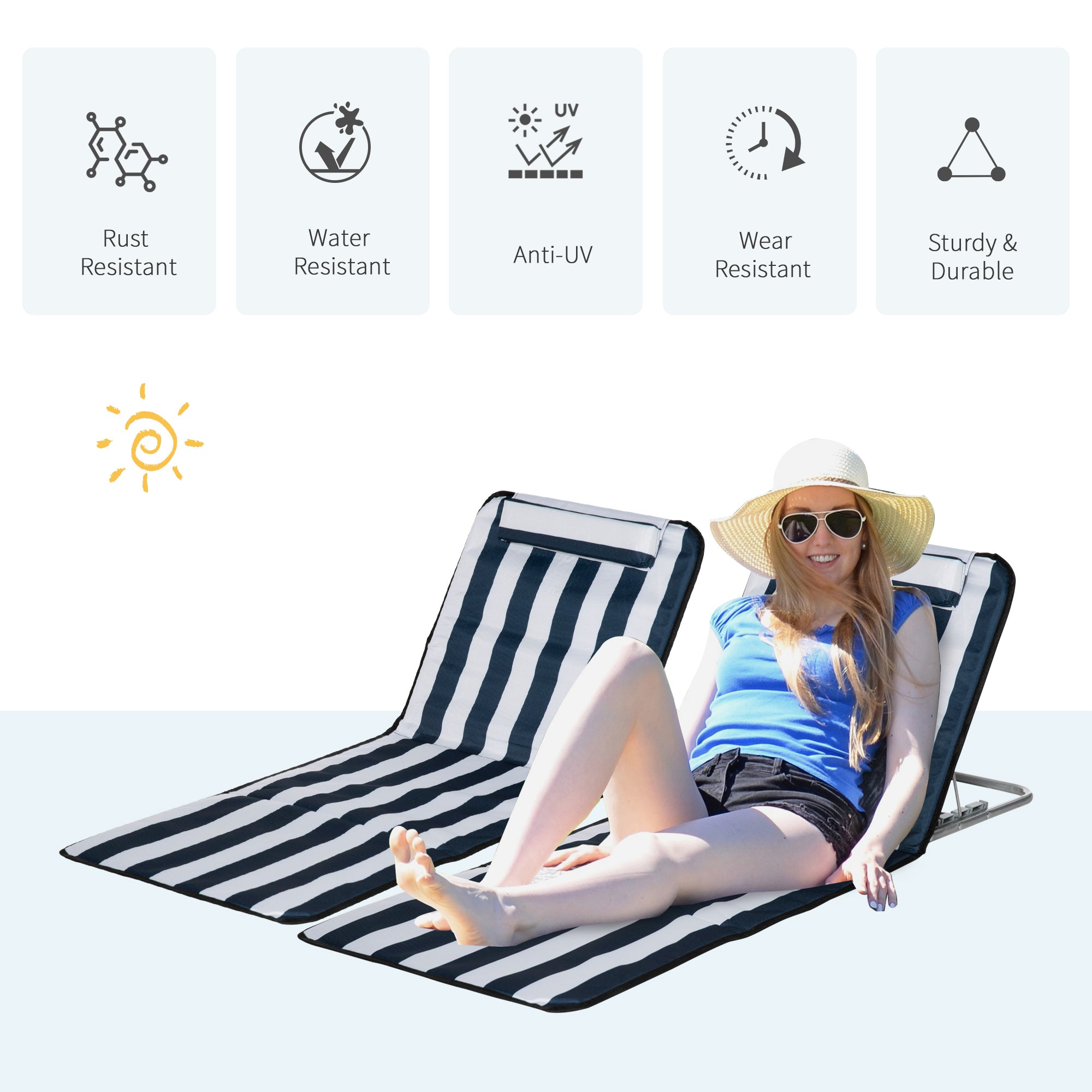 Outsunny 2 Pieces Outdoor Beach Lounge Chair, Patio Steel Folding Chaise Lounge Set w/ Pillow for Sunbath, Snap, Blue and White