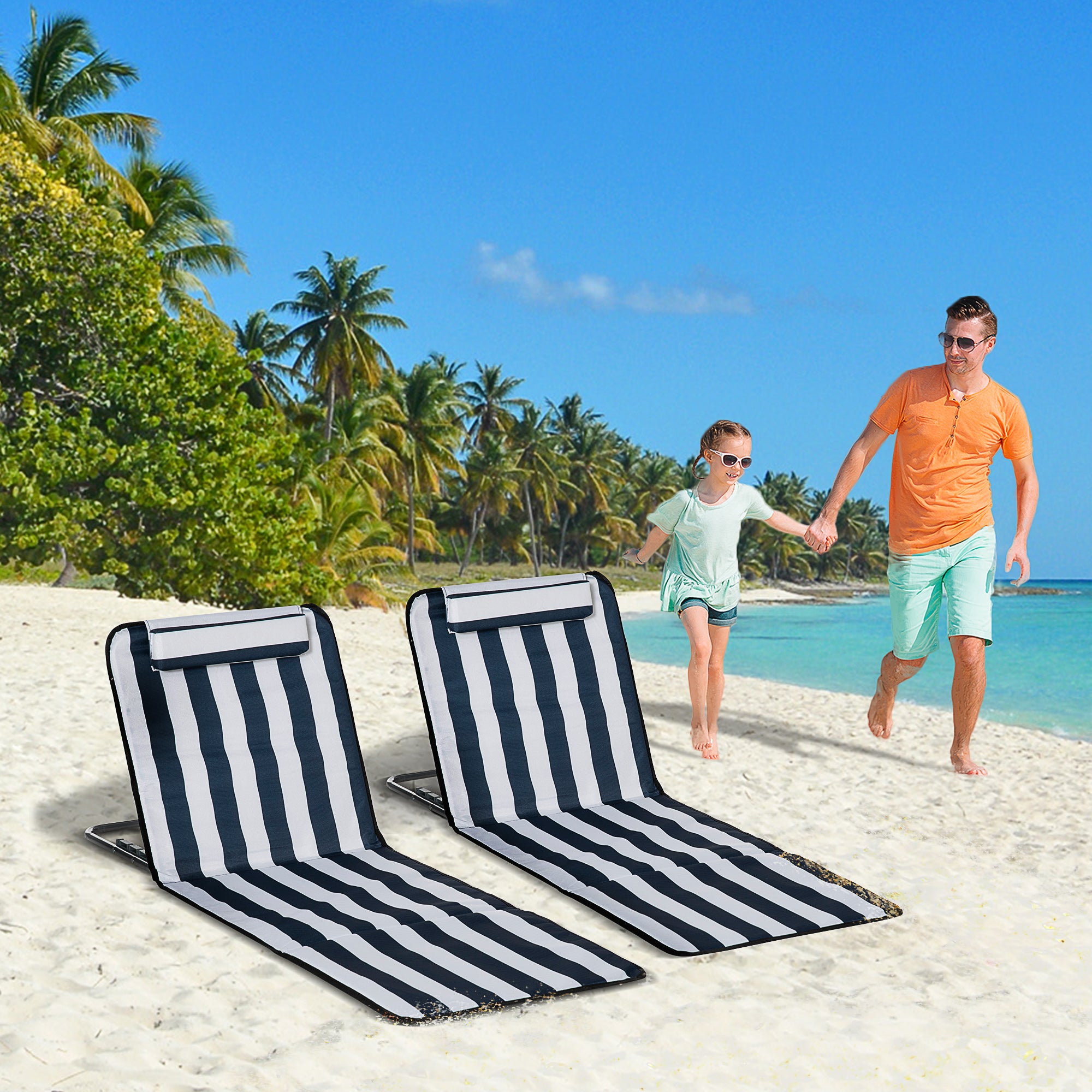 Outsunny 2 Pieces Outdoor Beach Lounge Chair, Patio Steel Folding Chaise Lounge Set w/ Pillow for Sunbath, Snap, Blue and White