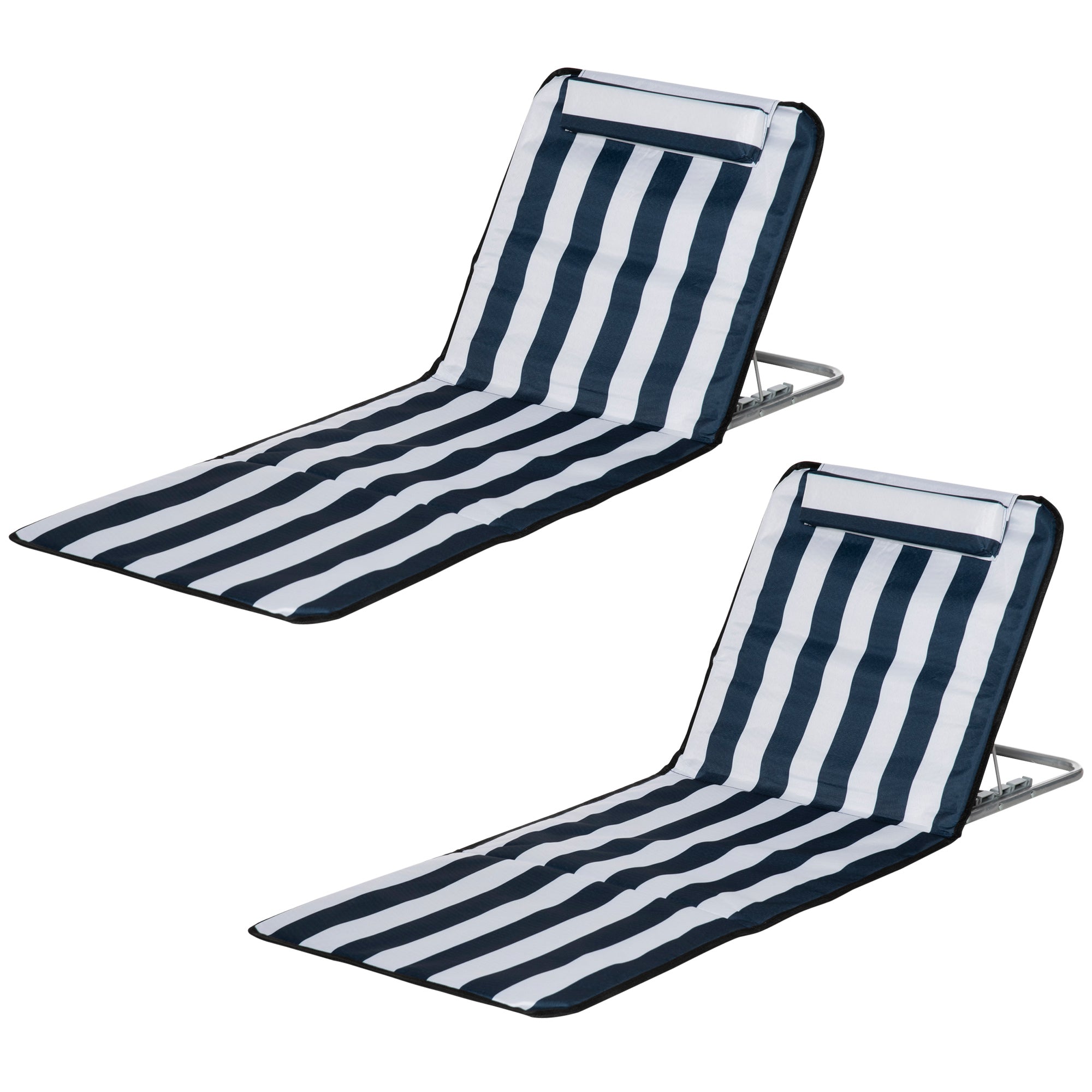 Outsunny 2 Pieces Outdoor Beach Lounge Chair, Patio Steel Folding Chaise Lounge Set w/ Pillow for Sunbath, Snap, Blue and White