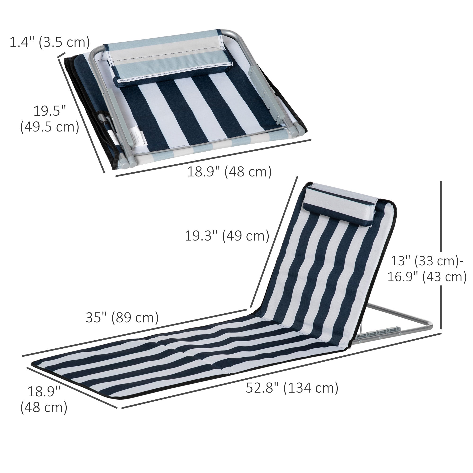 Outsunny 2 Pieces Outdoor Beach Lounge Chair, Patio Steel Folding Chaise Lounge Set w/ Pillow for Sunbath, Snap, Blue and White