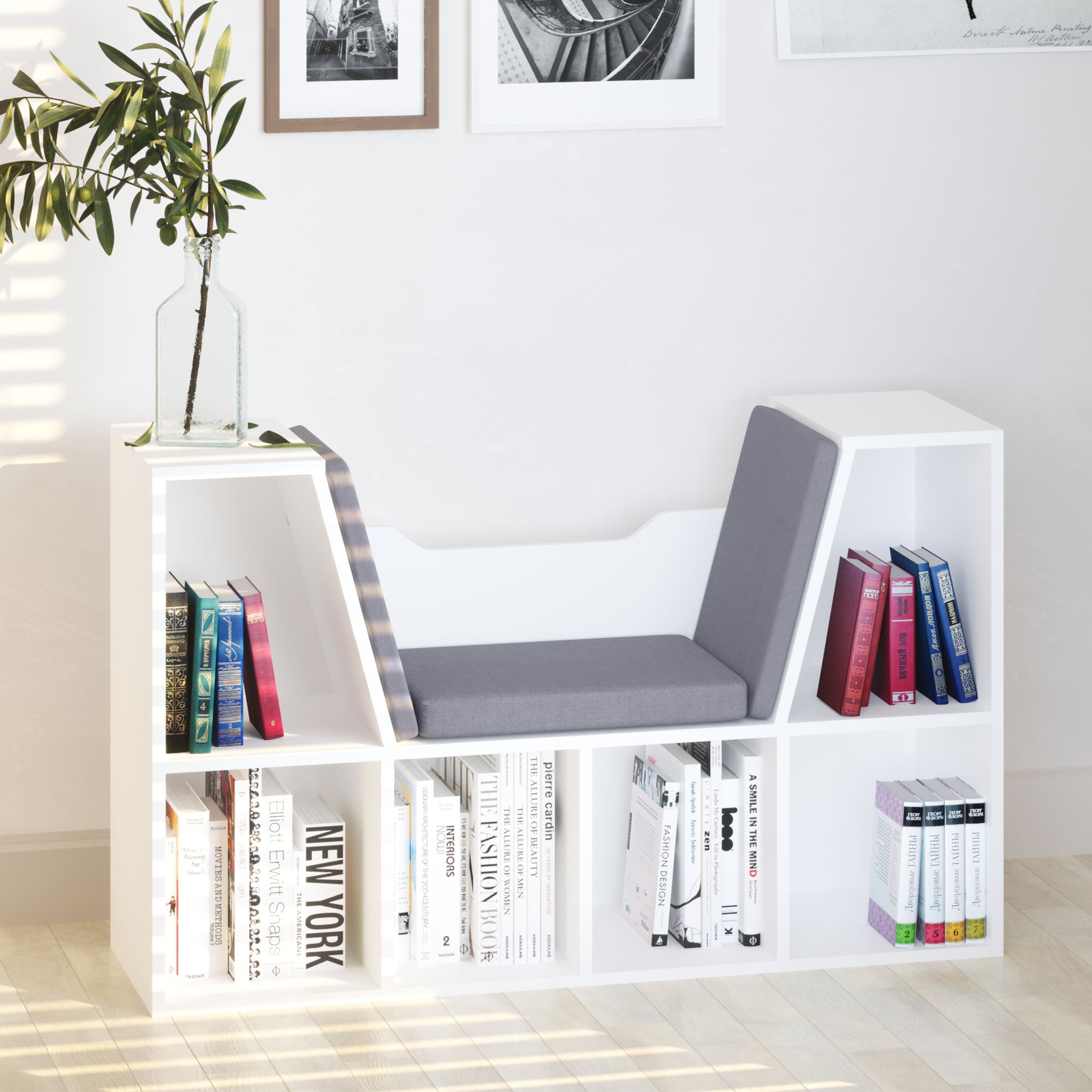 HOMCOM 6-Cubby Bookcase with Seat Cushion, Cube Storage Shelf Bookshelf with Reading Nook for Home Office, Study, Grey