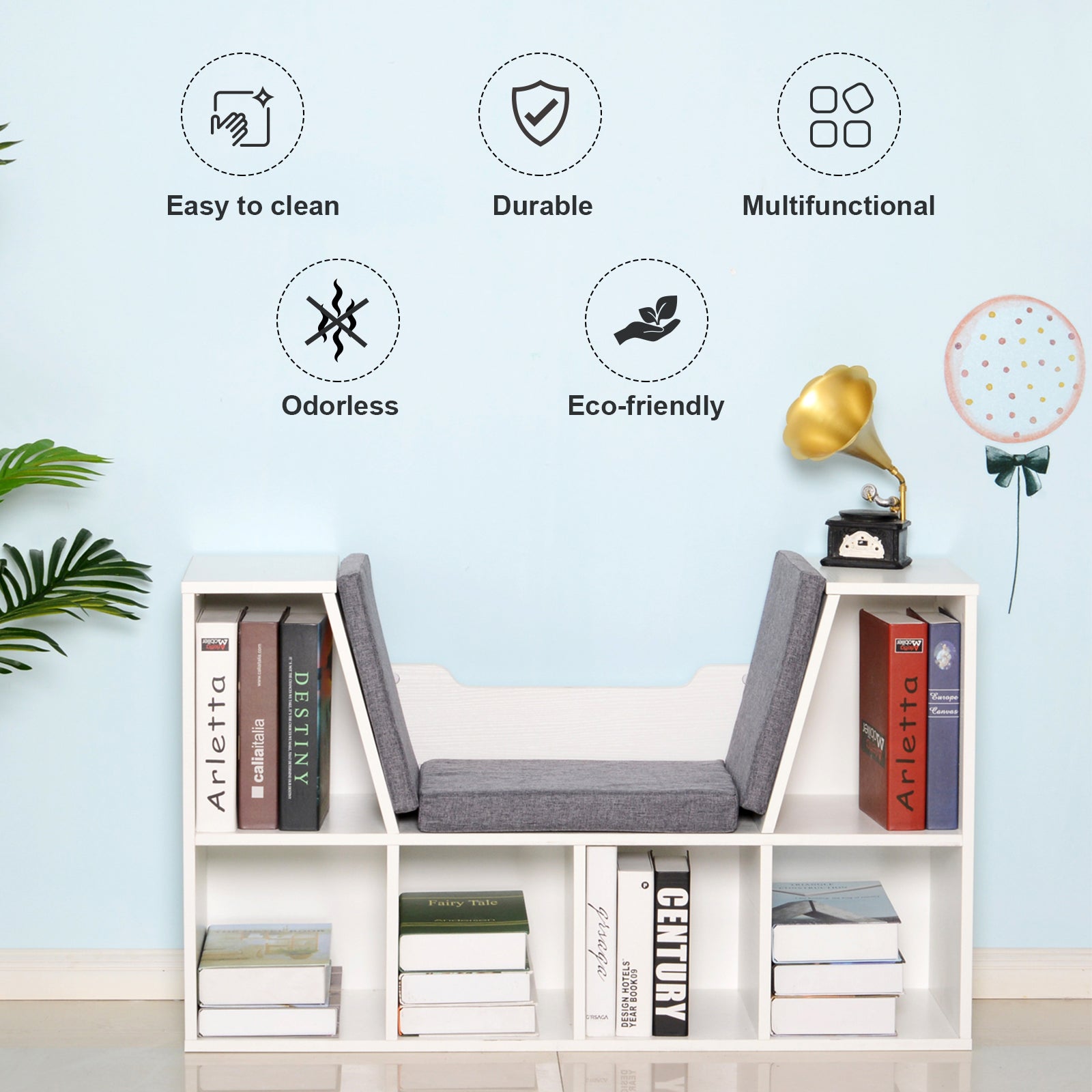 HOMCOM 6-Cubby Bookcase with Seat Cushion, Cube Storage Shelf Bookshelf with Reading Nook for Home Office, Study, Grey