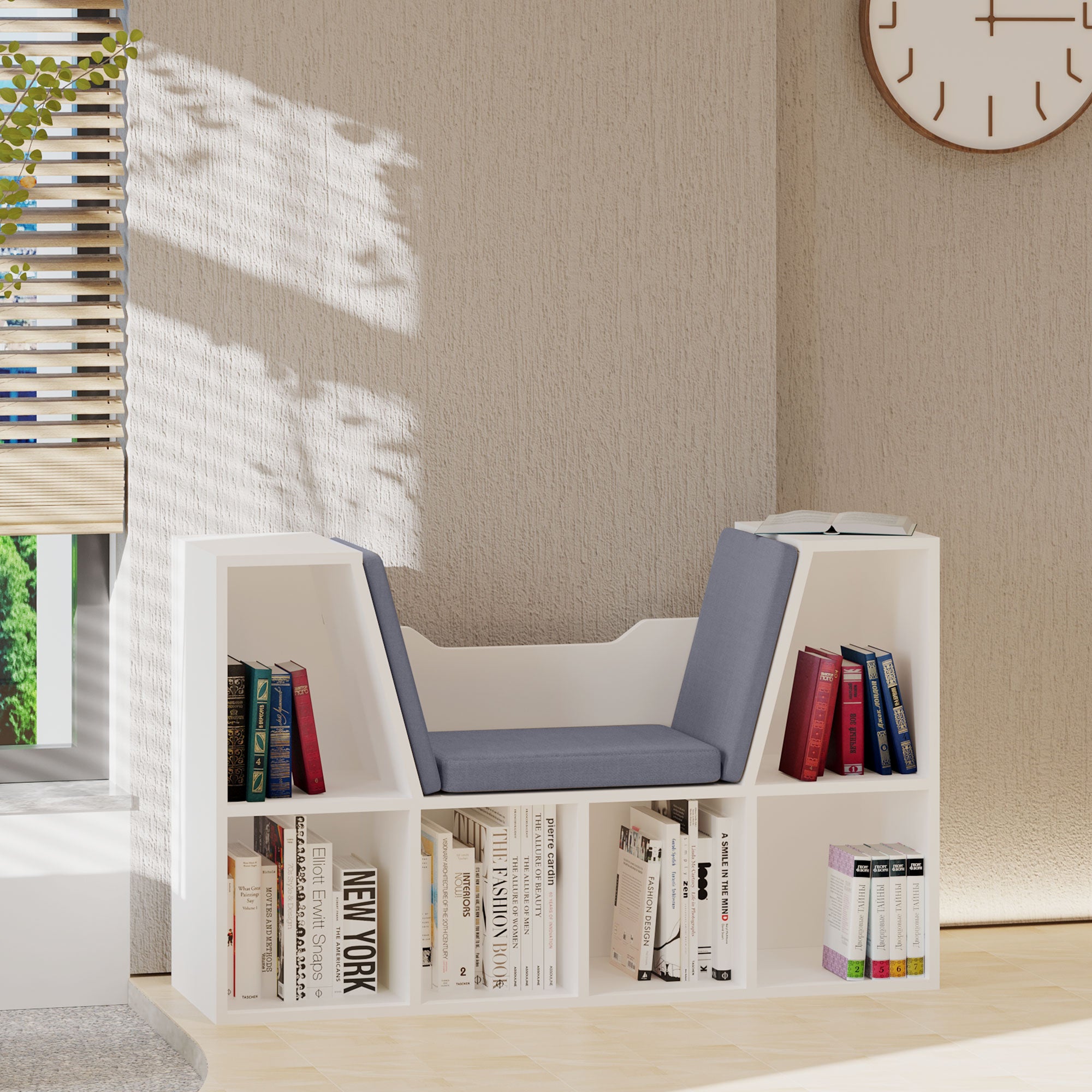 HOMCOM 6-Cubby Bookcase with Seat Cushion, Cube Storage Shelf Bookshelf with Reading Nook for Home Office, Study, Grey