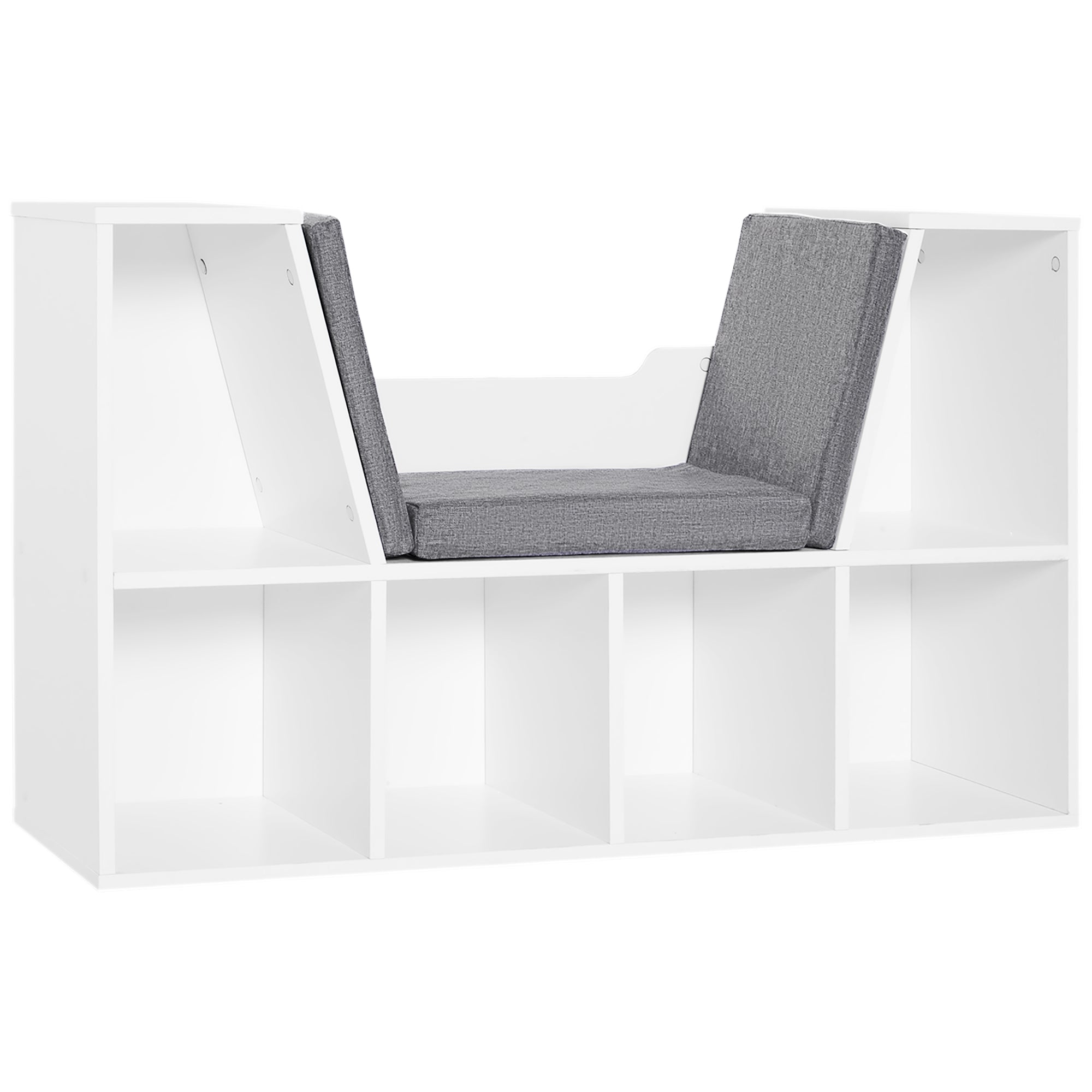 HOMCOM 6-Cubby Bookcase with Seat Cushion, Cube Storage Shelf Bookshelf with Reading Nook for Home Office, Study, Grey