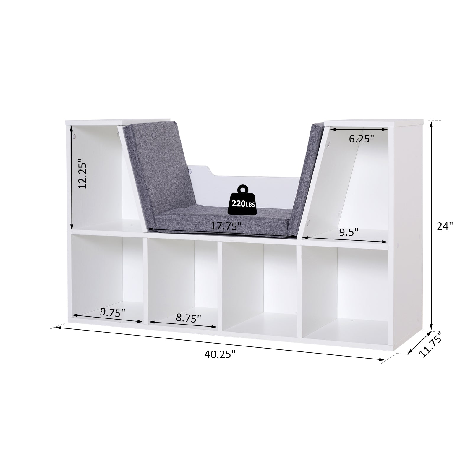 HOMCOM 6-Cubby Bookcase with Seat Cushion, Cube Storage Shelf Bookshelf with Reading Nook for Home Office, Study, Grey