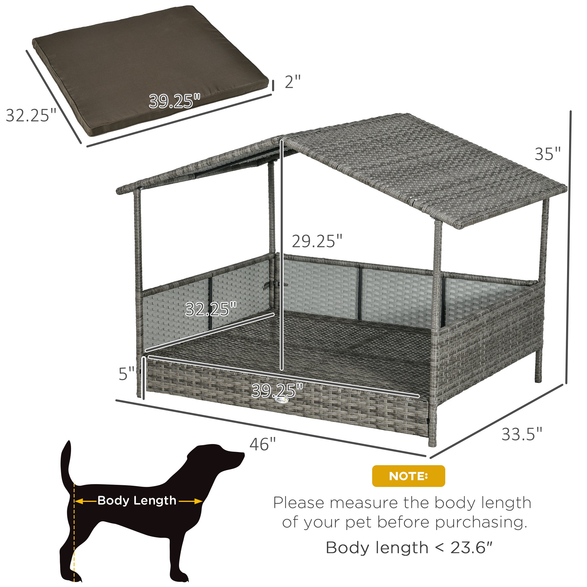 PawHut Outdoor Wicker Dog House with Canopy, Rattan Dog Bed with Soft Cushion Removable Cover for Medium and Large Dogs, Charcoal Gray