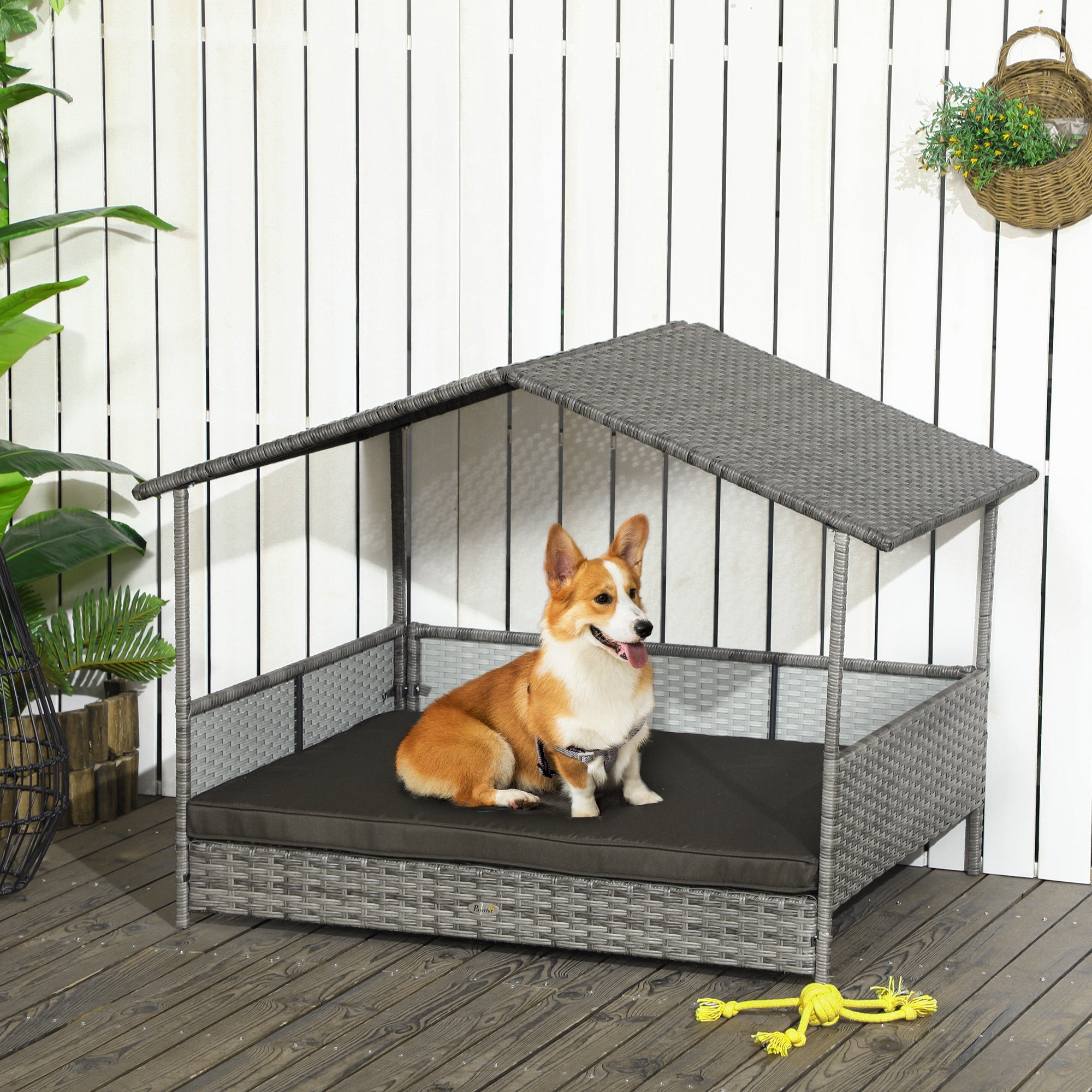 PawHut Outdoor Wicker Dog House with Canopy, Rattan Dog Bed with Soft Cushion Removable Cover for Medium and Large Dogs, Charcoal Gray