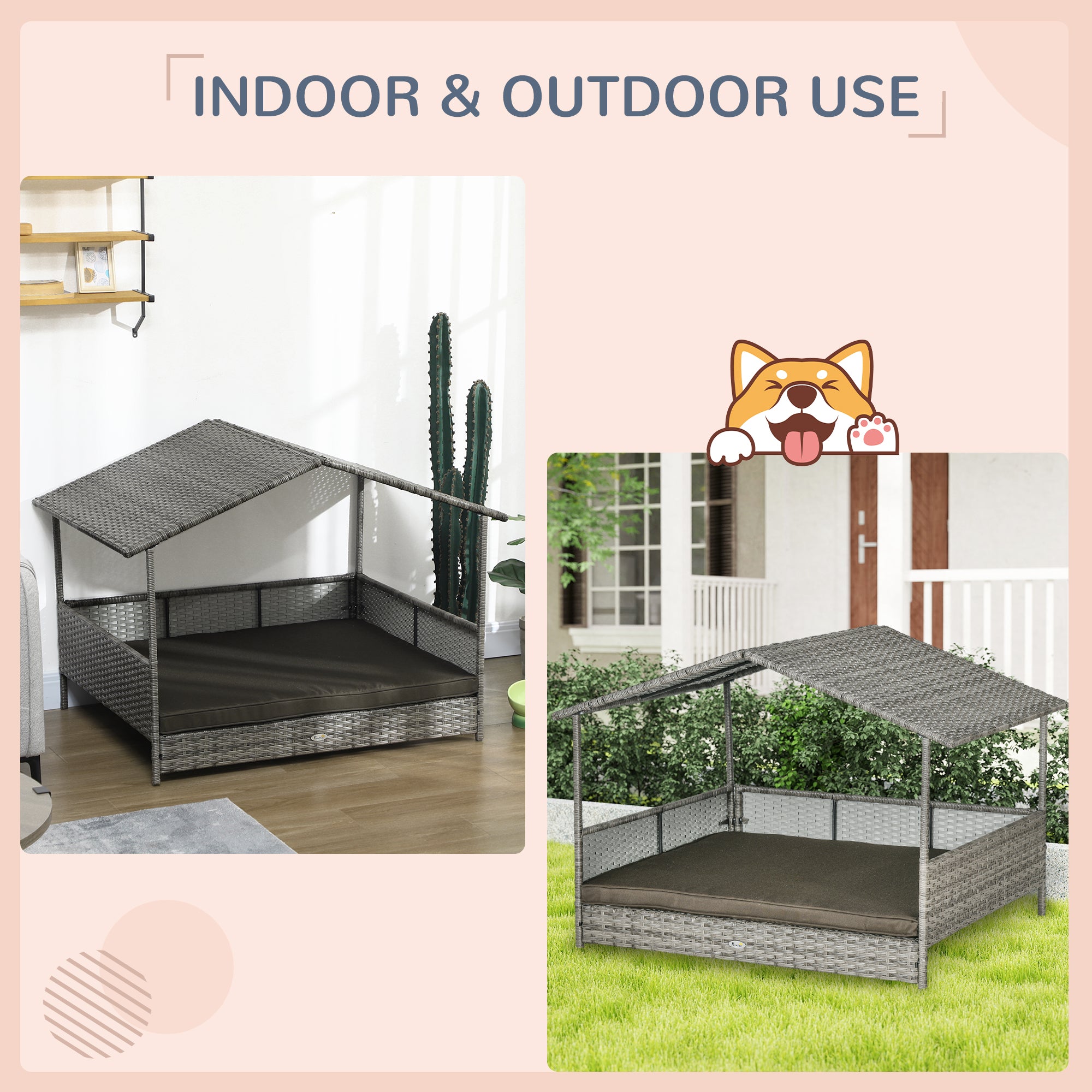 PawHut Outdoor Wicker Dog House with Canopy, Rattan Dog Bed with Soft Cushion Removable Cover for Medium and Large Dogs, Charcoal Gray