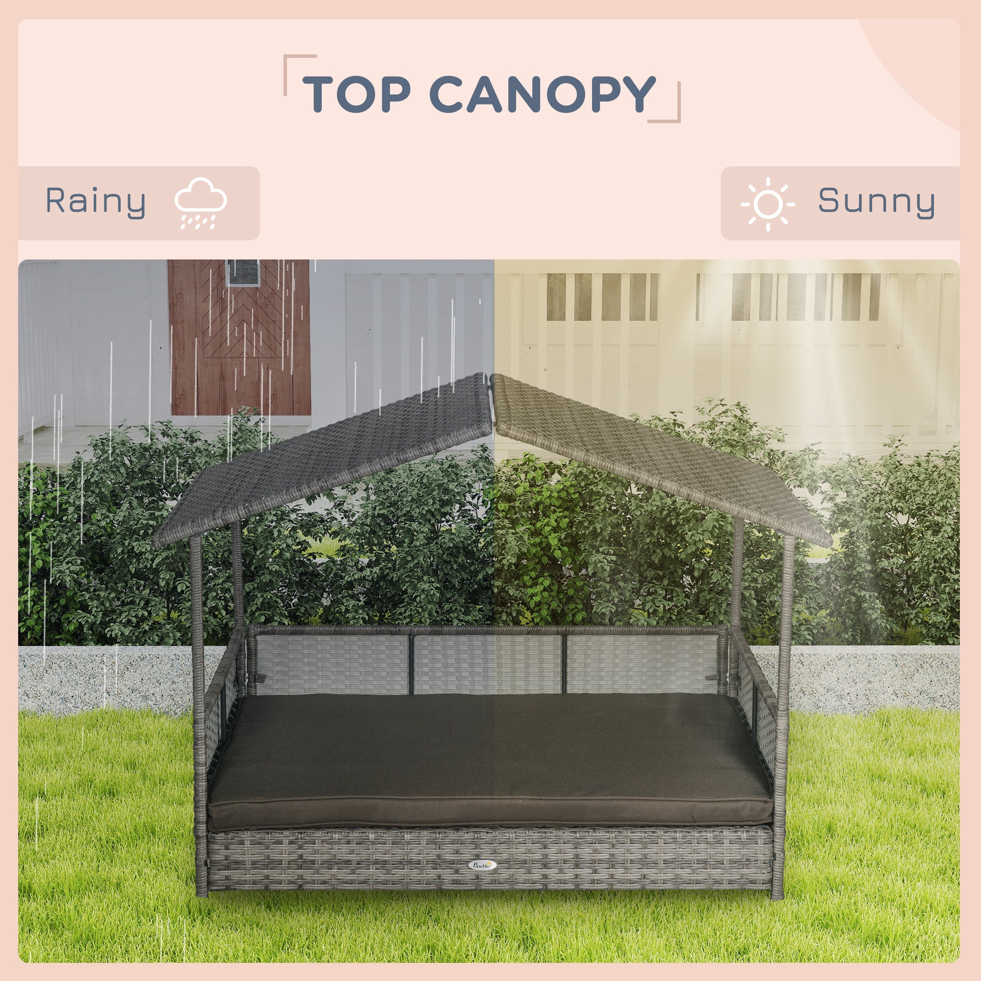 PawHut Outdoor Wicker Dog House with Canopy, Rattan Dog Bed with Soft Cushion Removable Cover for Medium and Large Dogs, Charcoal Gray