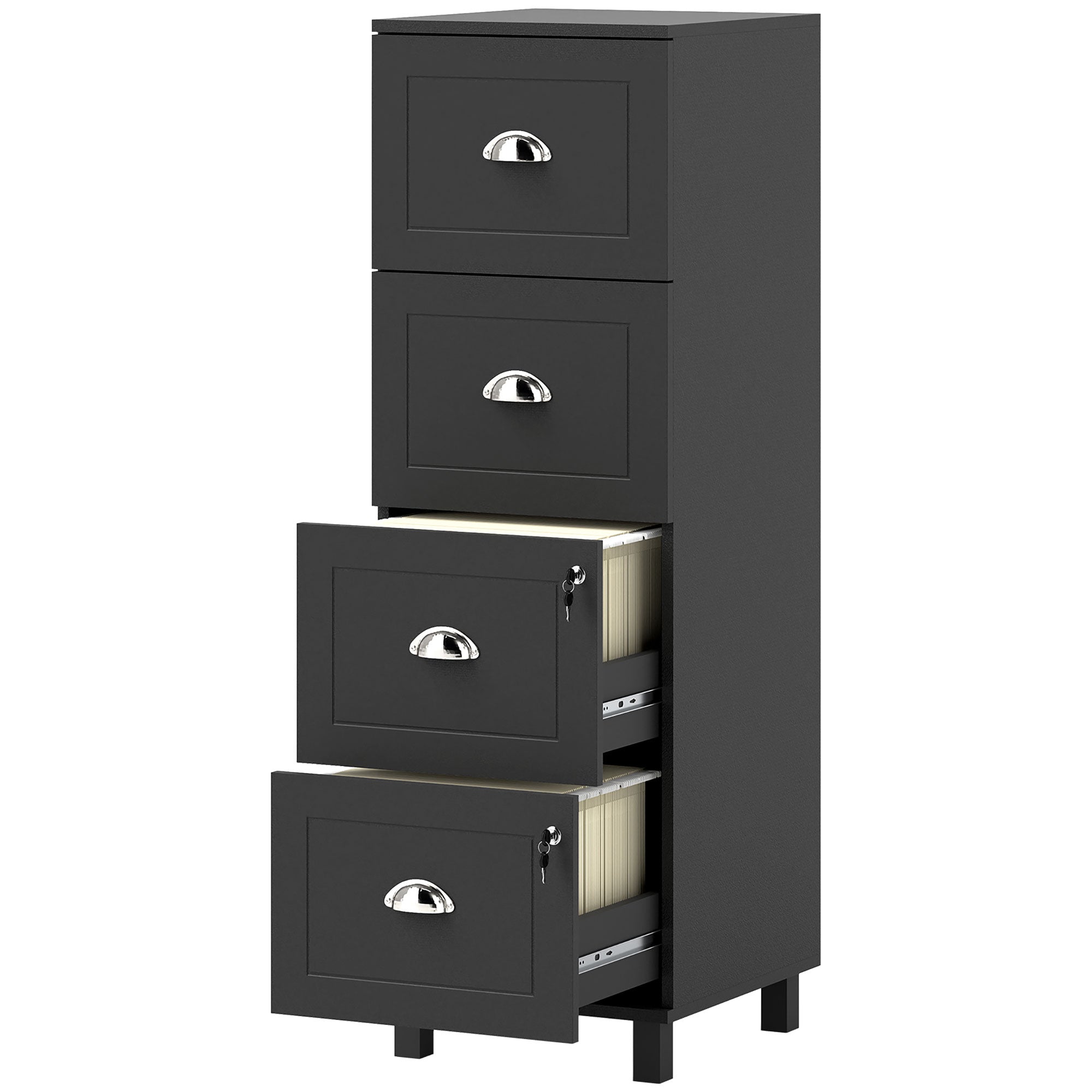 HOMCOM Vertical Filing Cabinet with 4 Drawers, Lockable File Cabinet with Adjustable Hanging Bars for A4 and Letter for Home Office, Black
