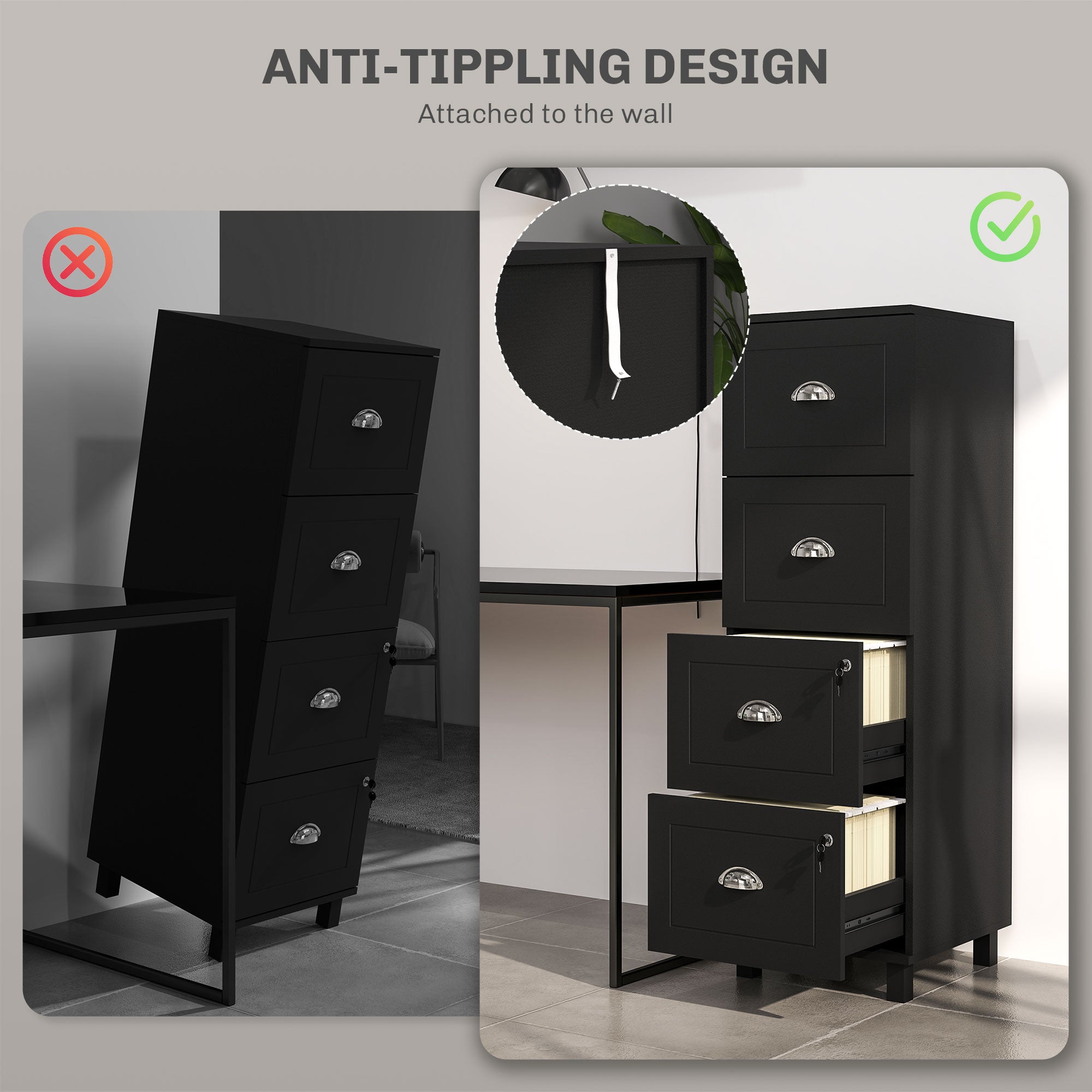 HOMCOM Vertical Filing Cabinet with 4 Drawers, Lockable File Cabinet with Adjustable Hanging Bars for A4 and Letter for Home Office, Black