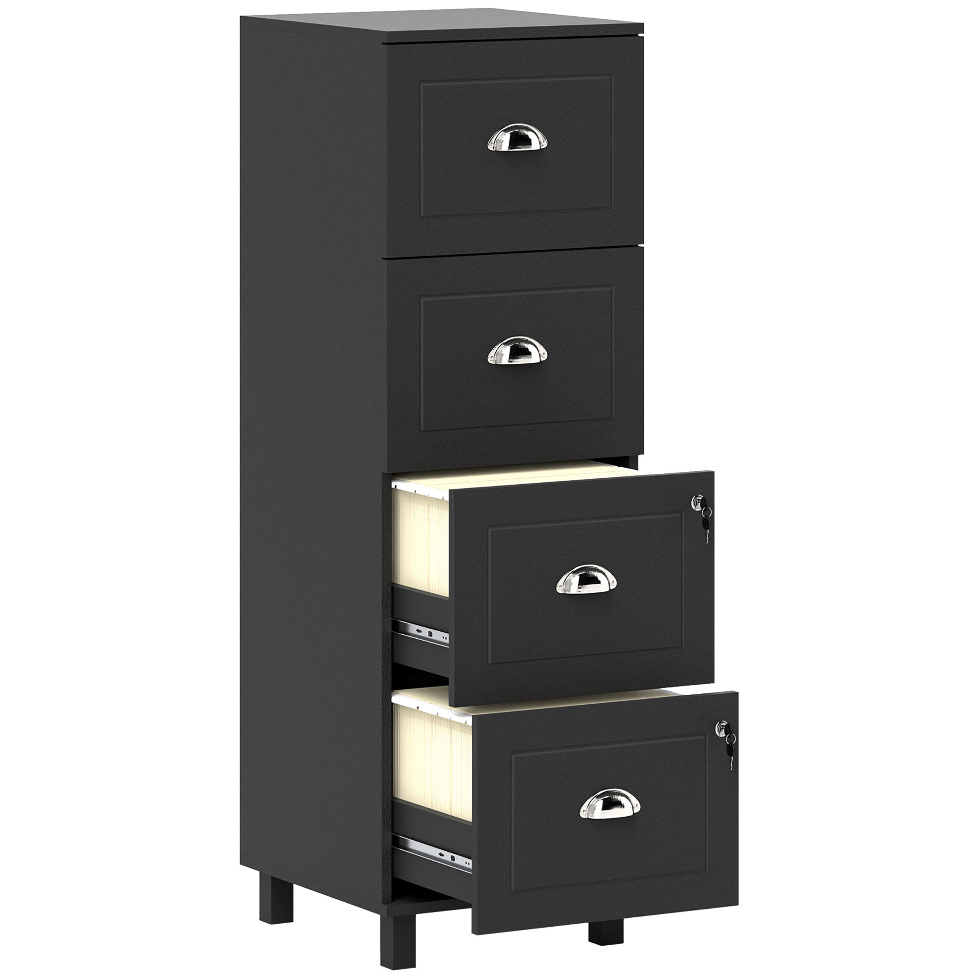 HOMCOM Vertical Filing Cabinet with 4 Drawers, Lockable File Cabinet with Adjustable Hanging Bars for A4 and Letter for Home Office, Black