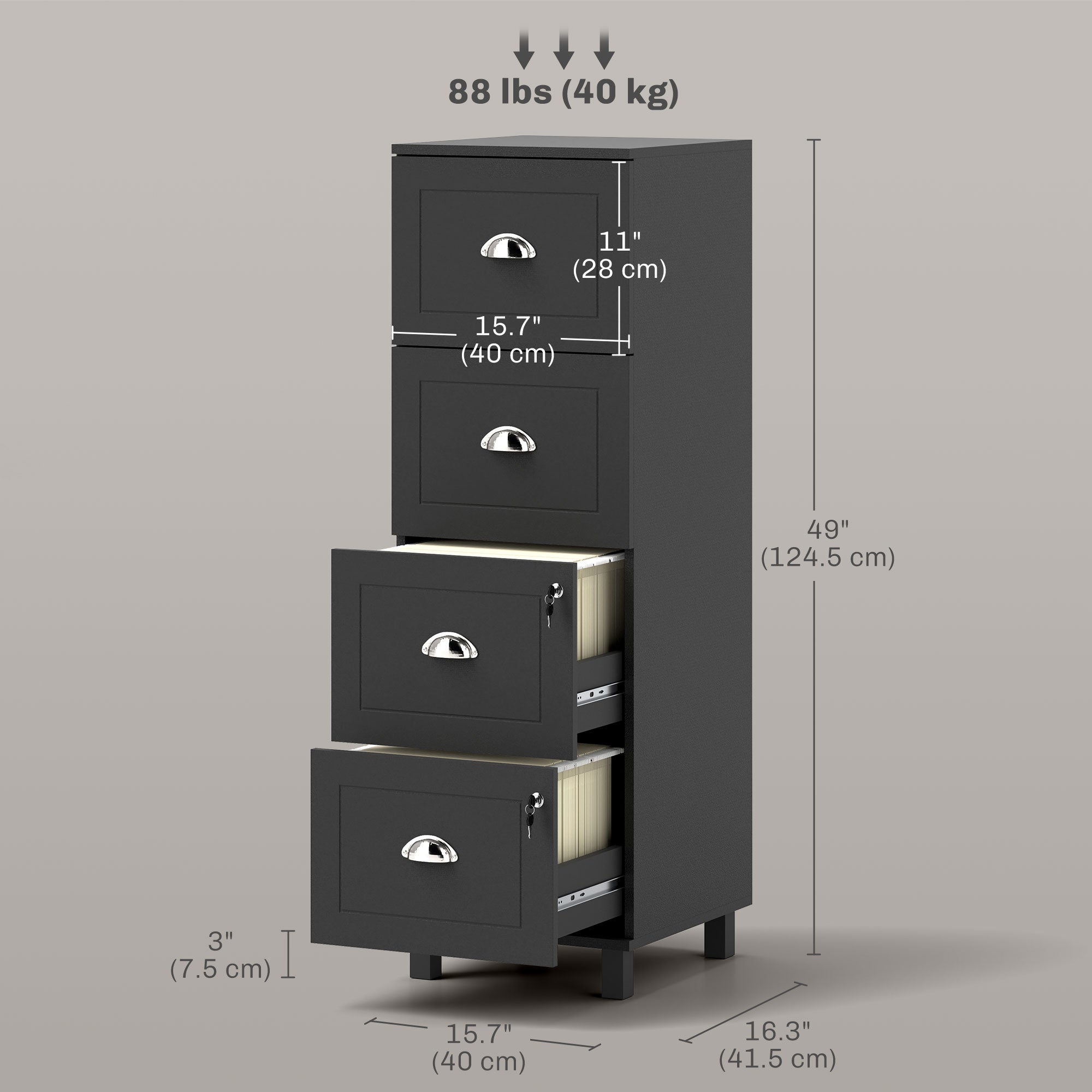 HOMCOM Vertical Filing Cabinet with 4 Drawers, Lockable File Cabinet with Adjustable Hanging Bars for A4 and Letter for Home Office, Black