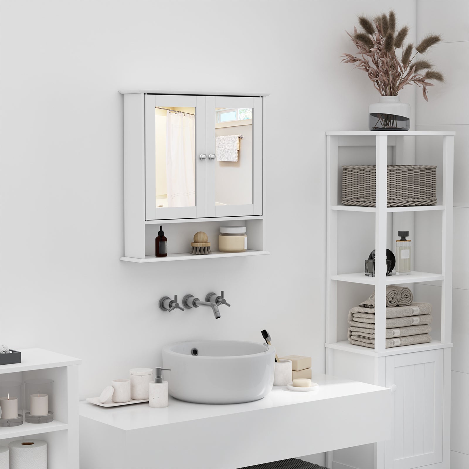 kleankin Medicine Cabinet, Wall-Mounted Bathroom Mirror Cabinet with Double Doors, Open Shelf, and Adjustable Shelf, Modern Bathroom Wall Cabinet, White