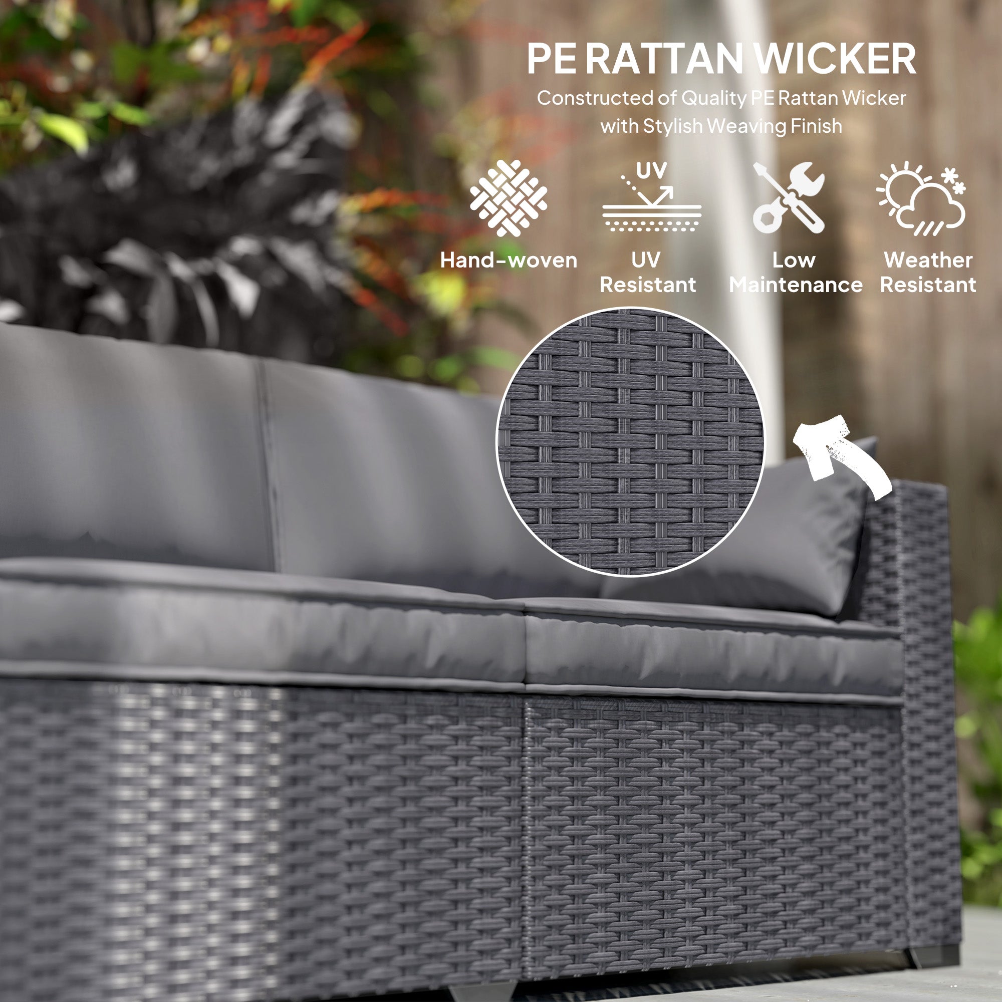 Outsunny 3 Seater Wicker Outdoor Sofa with Side Tray Tables, Poly Rattan Patio Sofa Couch with 6