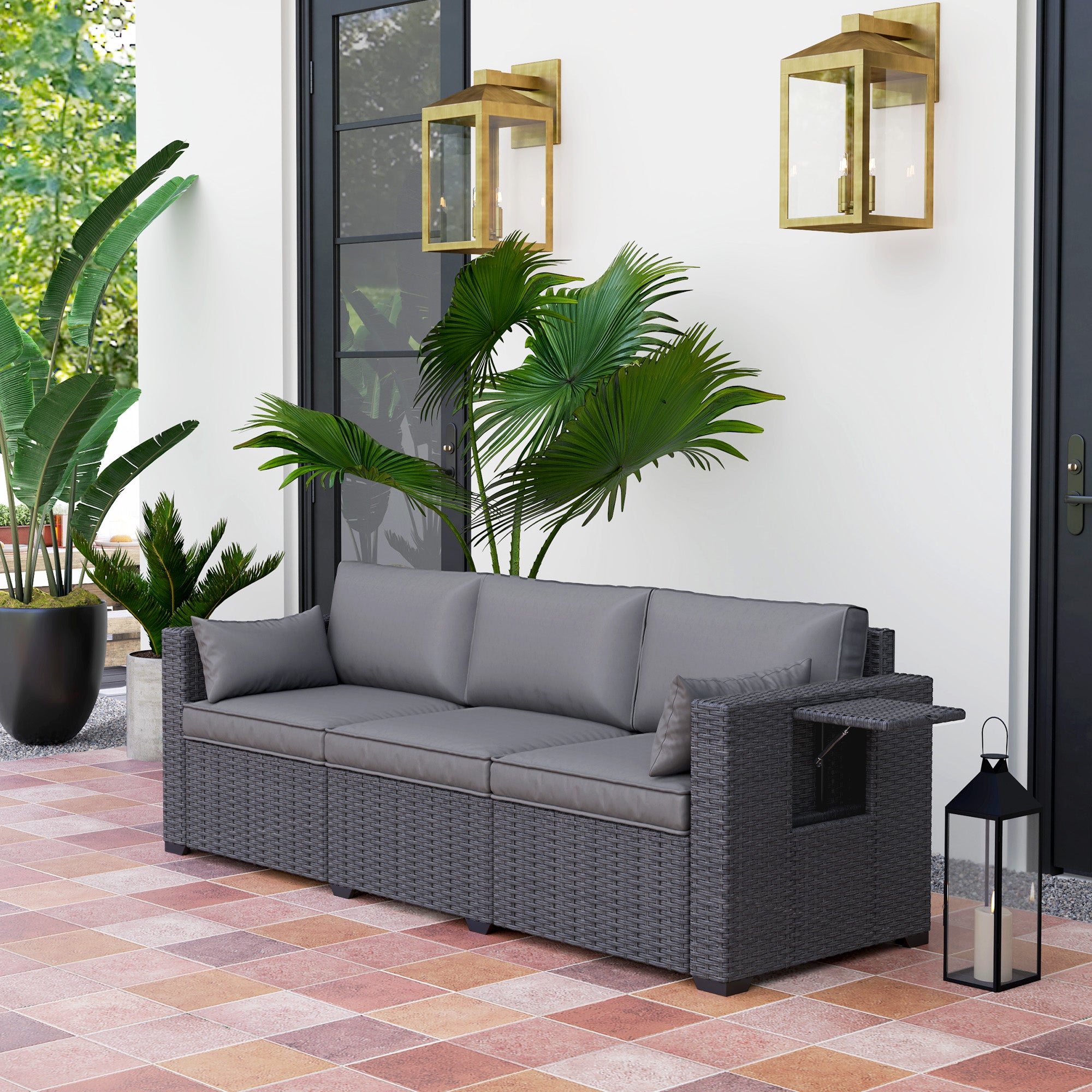 Outsunny 3 Seater Wicker Outdoor Sofa with Side Tray Tables, Poly Rattan Patio Sofa Couch with 6