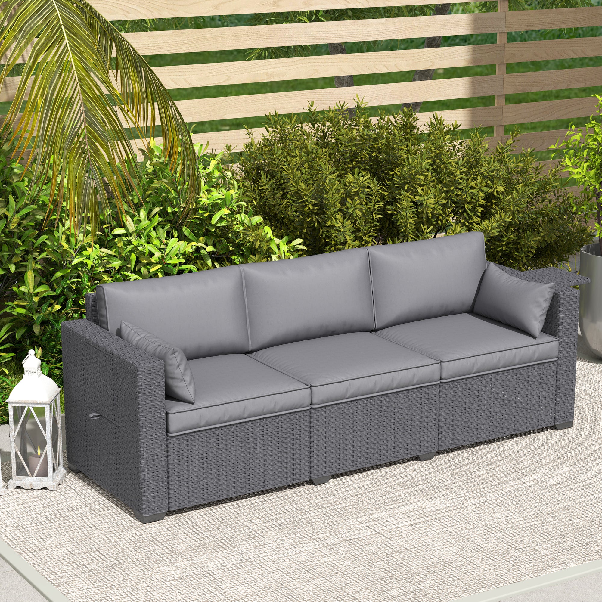Outsunny 3 Seater Wicker Outdoor Sofa with Side Tray Tables, Poly Rattan Patio Sofa Couch with 6" Thick Back Cushions, Outdoor Couch with Deep Seat, Pillows for Garden, Grey