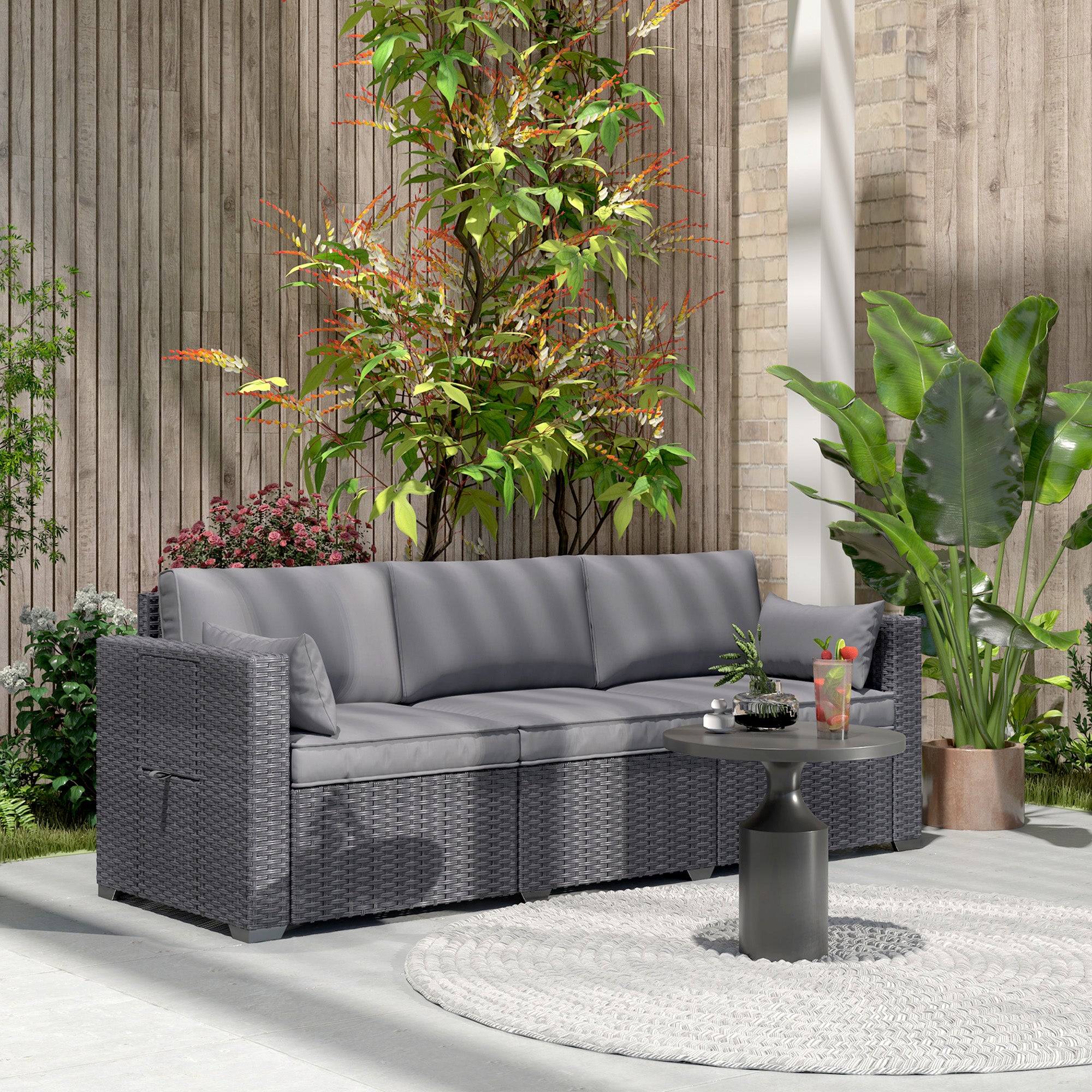 Outsunny 3 Seater Wicker Outdoor Sofa with Side Tray Tables, Poly Rattan Patio Sofa Couch with 6" Thick Back Cushions, Outdoor Couch with Deep Seat, Pillows for Garden, Grey