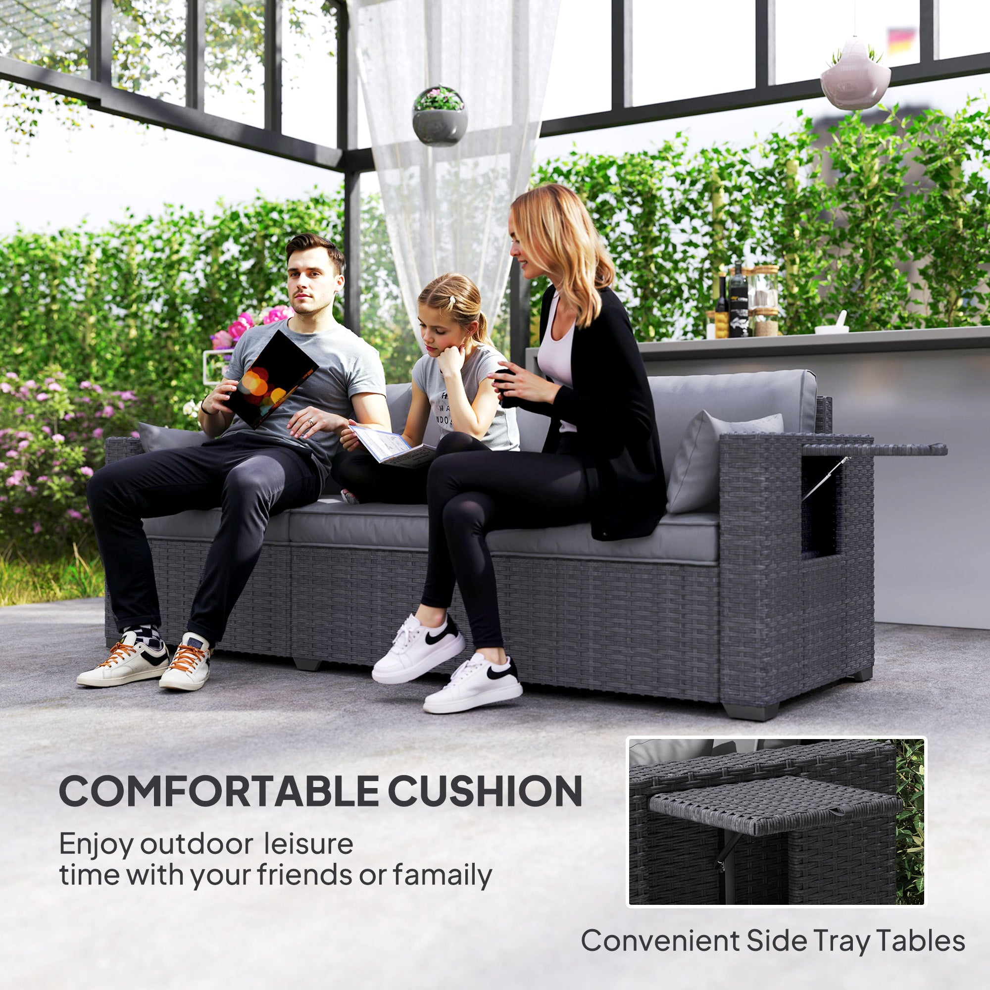 Outsunny 3 Seater Wicker Outdoor Sofa with Side Tray Tables, Poly Rattan Patio Sofa Couch with 6" Thick Back Cushions, Outdoor Couch with Deep Seat, Pillows for Garden, Grey